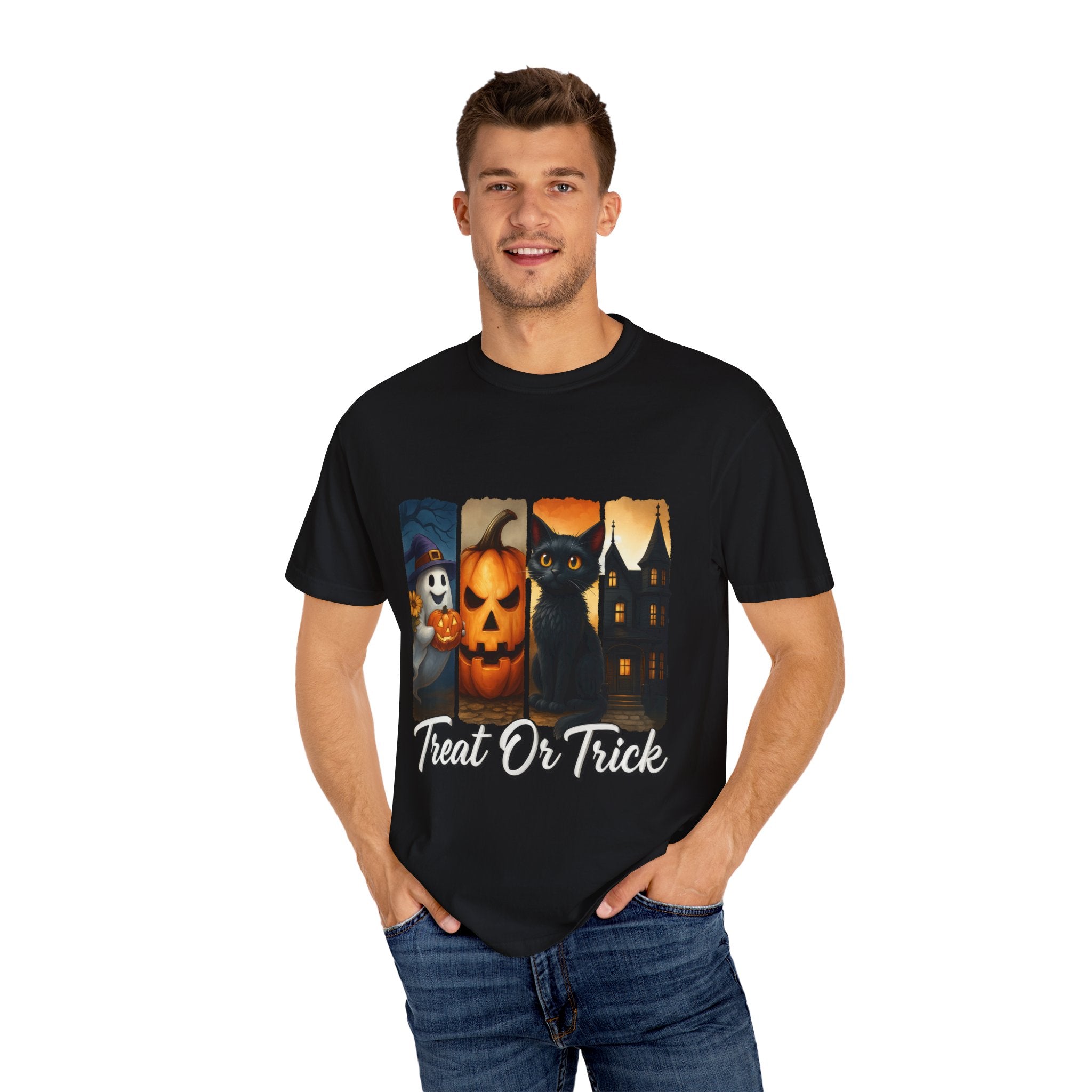 Treat Or Trick Halloween T-Shirt – Cute Ghost, Pumpkin, Black Cat & Haunted House Design