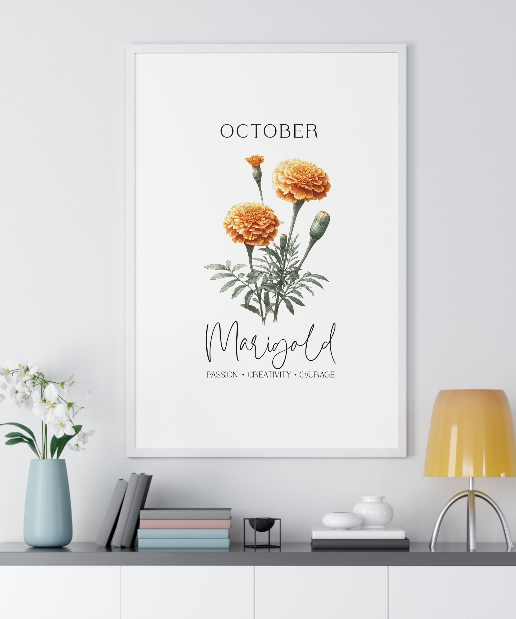 October Birth Month Flower Wall Art – Marigold Illustration in Wooden Frame | Passion, Creativity & Courage