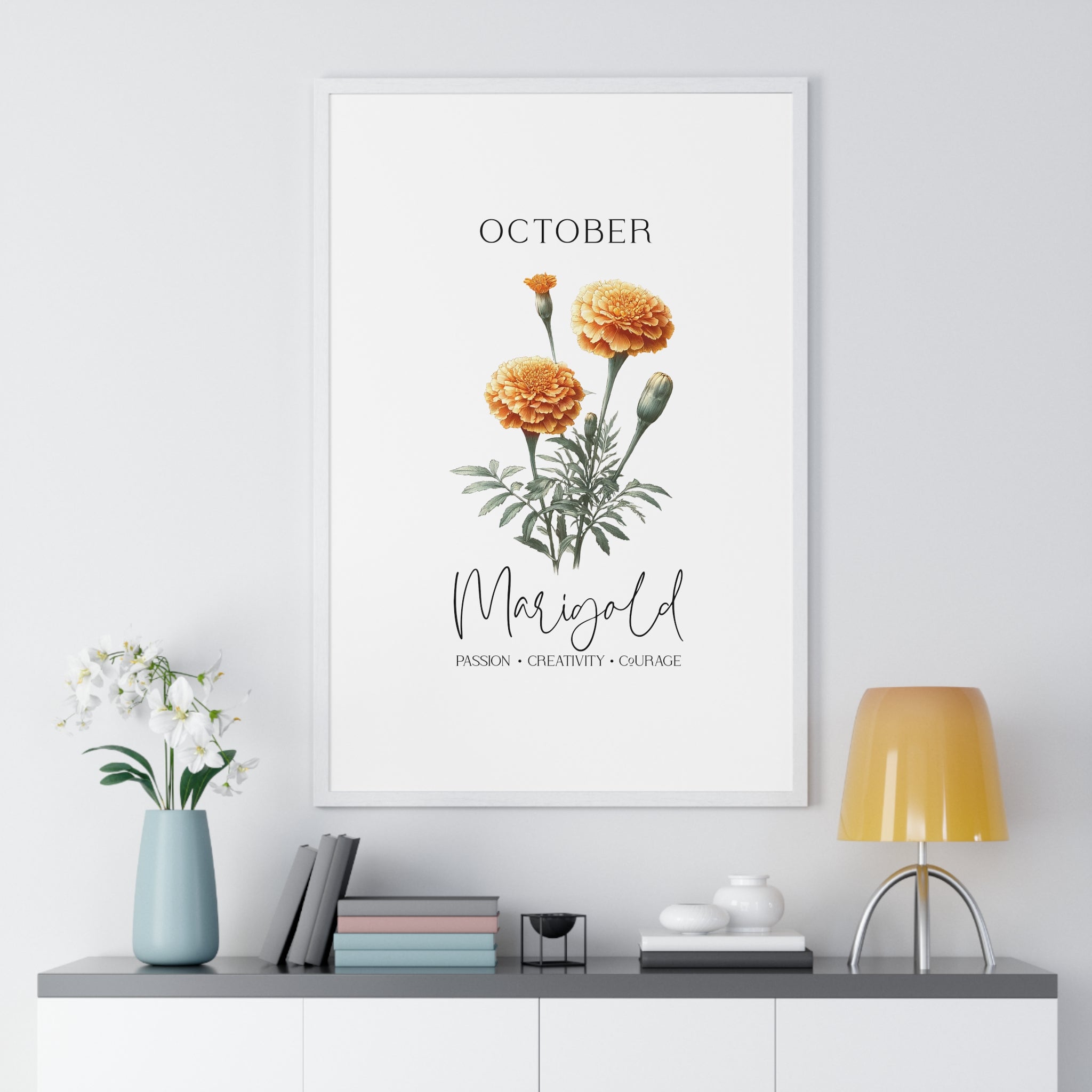 October Birth Month Flower Wall Art – Marigold Illustration in Wooden Frame | Passion, Creativity & Courage
