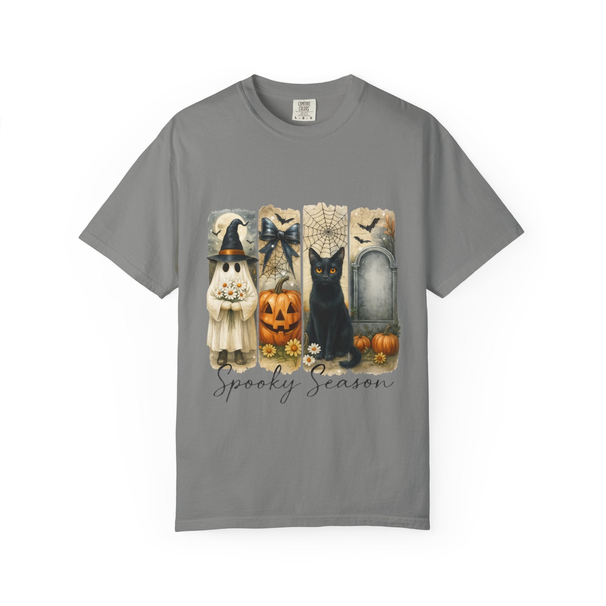 Spooky Season Halloween Unisex T-Shirt – Ghost, Black Cat & Pumpkin Design