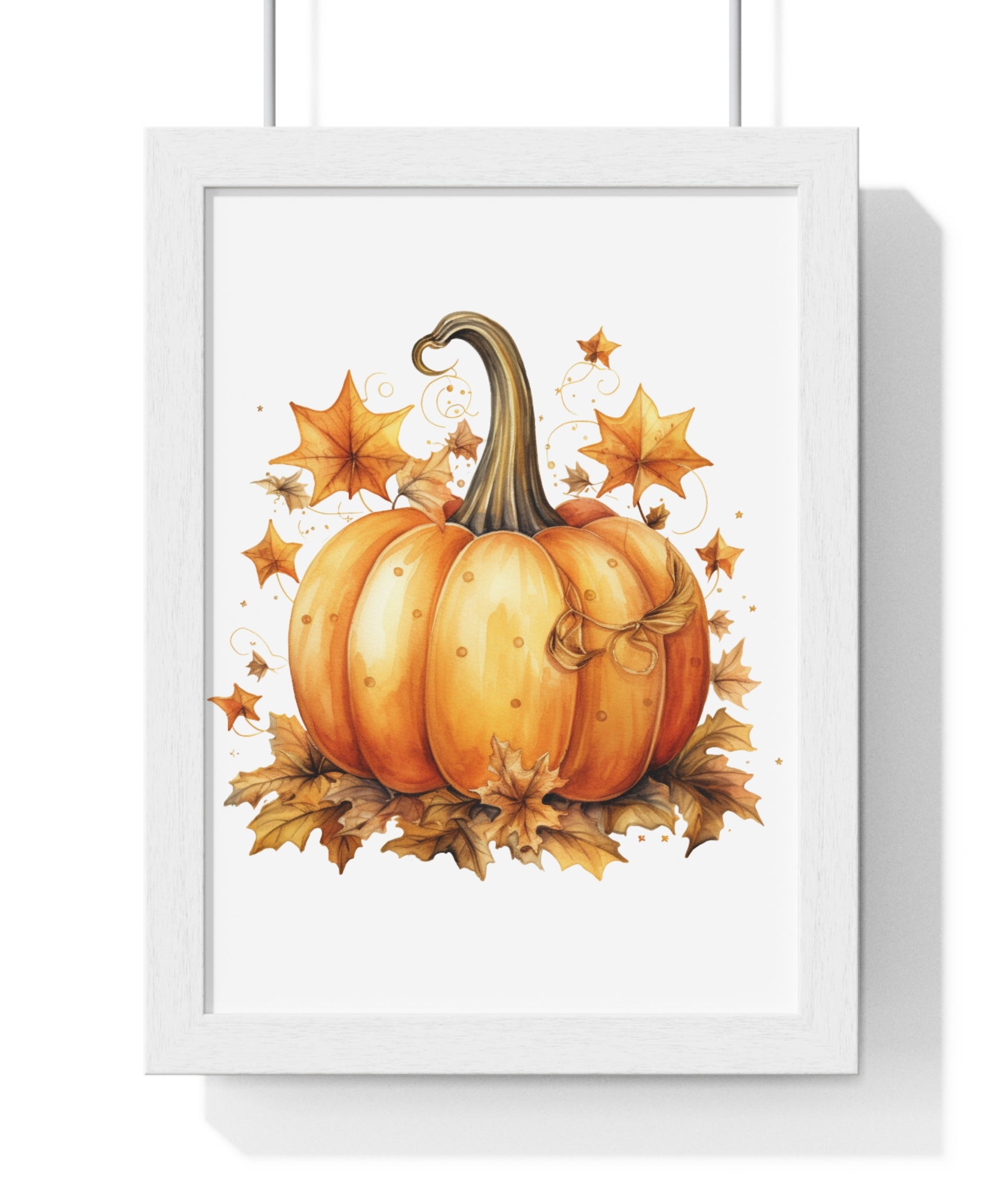 Decorative Autumn Pumpkin Wall Art – Bow-Tied Harvest Poster with Leaves & Swirls | Wooden Frame Fall Decor