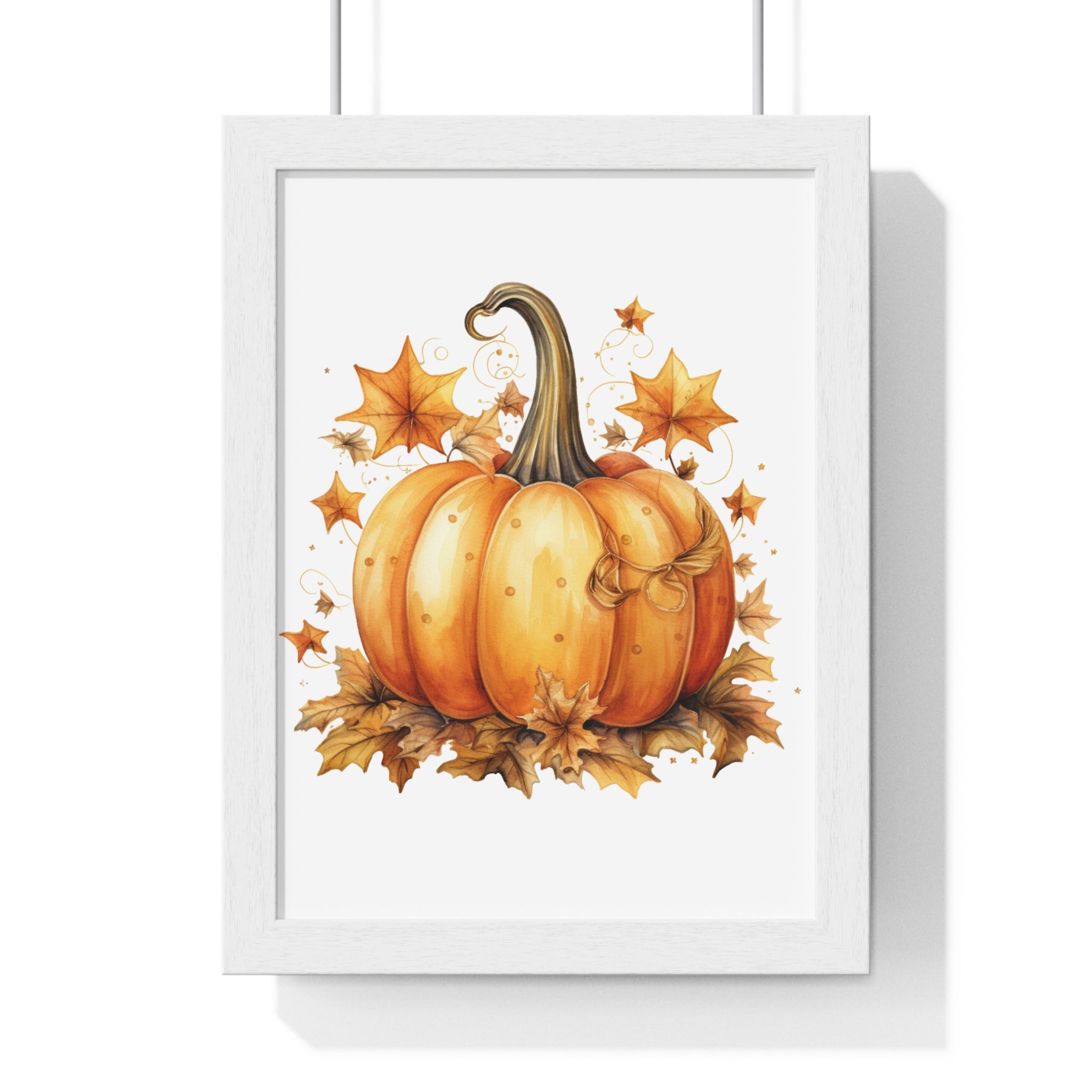 Decorative Autumn Pumpkin Wall Art – Bow-Tied Harvest Poster with Leaves & Swirls | Wooden Frame Fall Decor