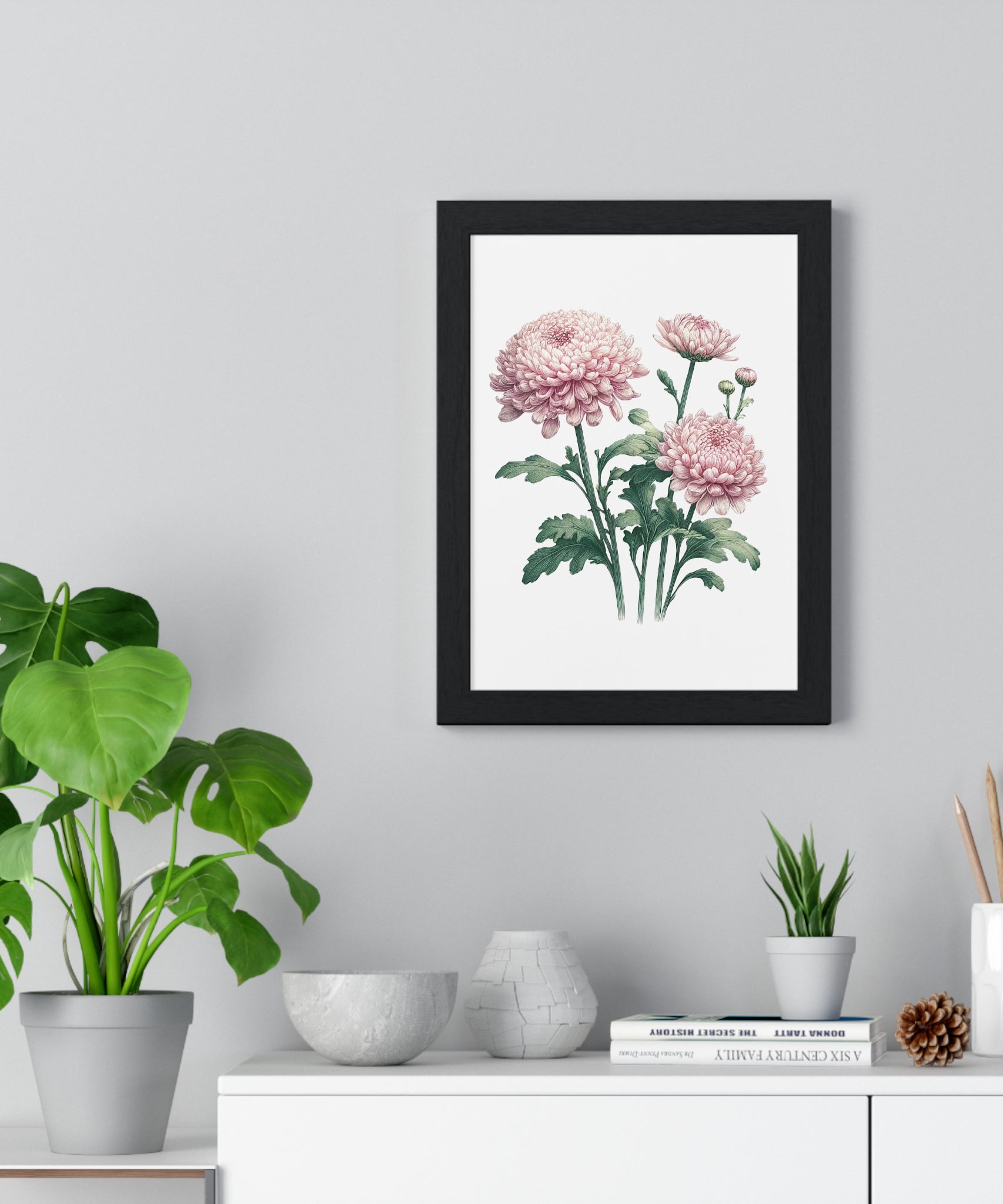 November Birth Month Flower Wall Art – Pink Chrysanthemum Illustration in Wooden Frame | Loyalty, Love & Joy
