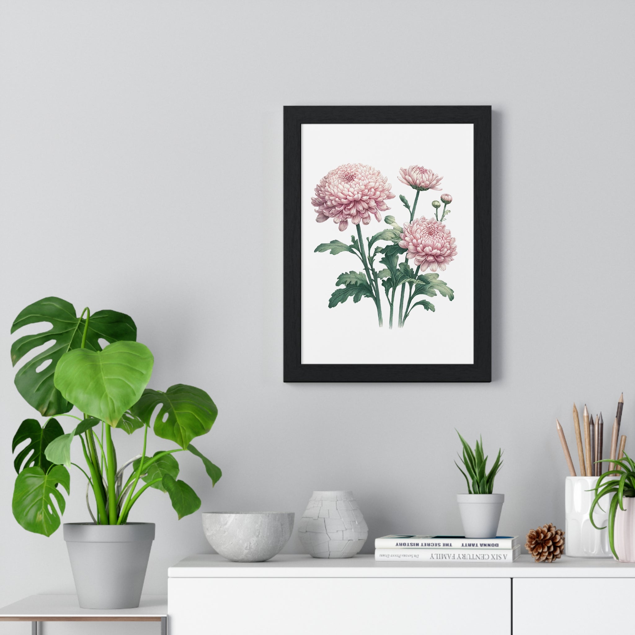 November Birth Month Flower Wall Art – Pink Chrysanthemum Illustration in Wooden Frame | Loyalty, Love & Joy