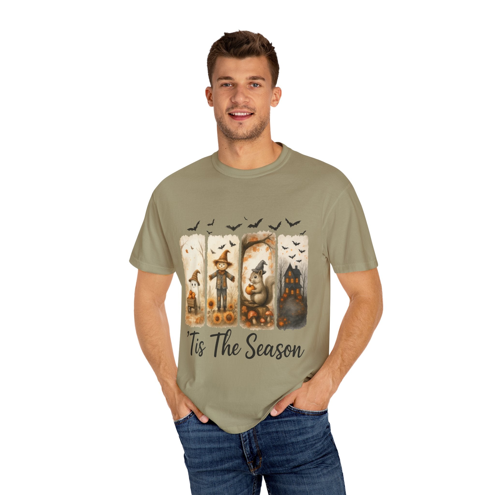 Tis The Season Fall Halloween T-Shirt – Cute Ghost, Scarecrow, Squirrel & Haunted House Design