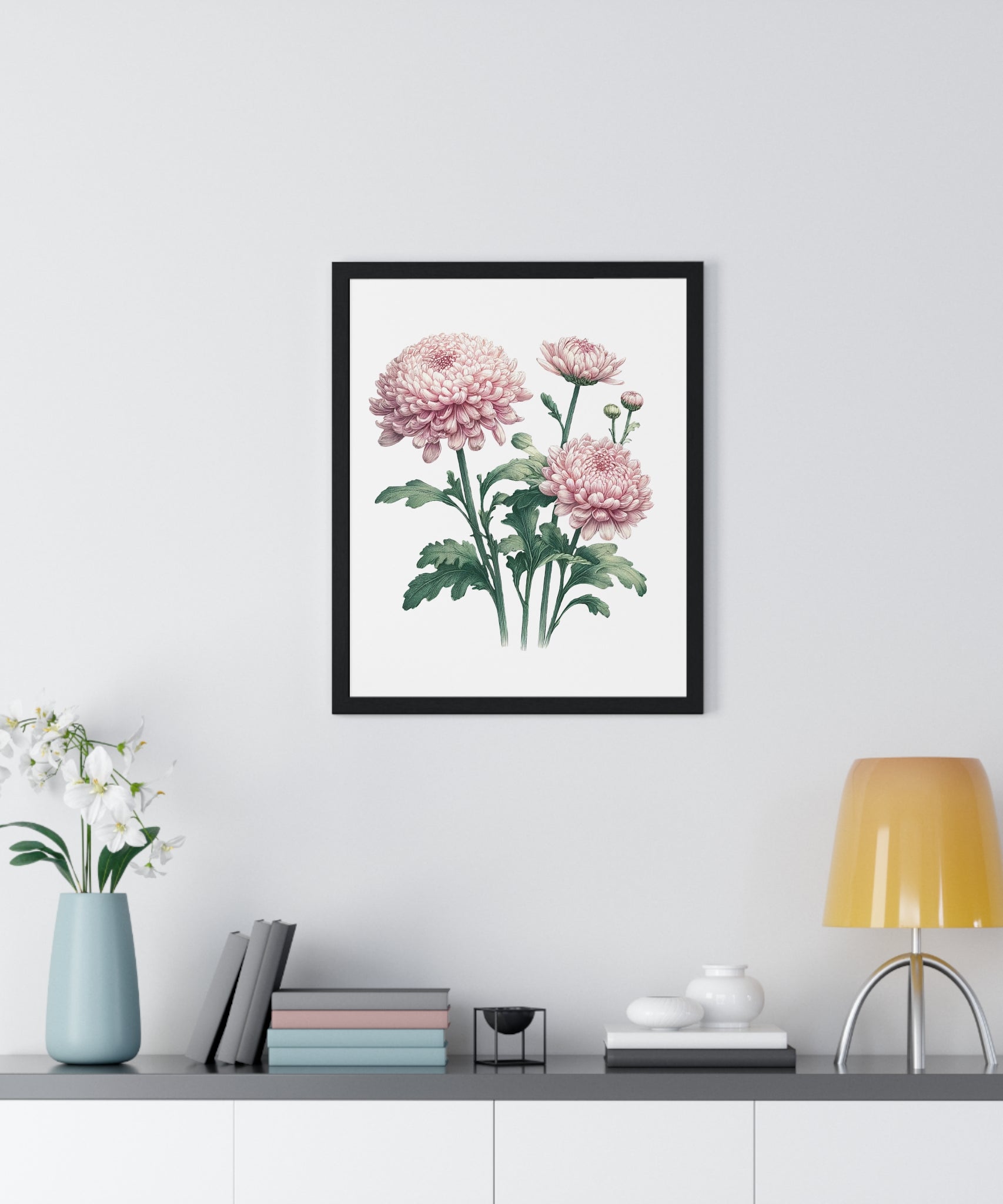 November Birth Month Flower Wall Art – Pink Chrysanthemum Illustration in Wooden Frame | Loyalty, Love & Joy