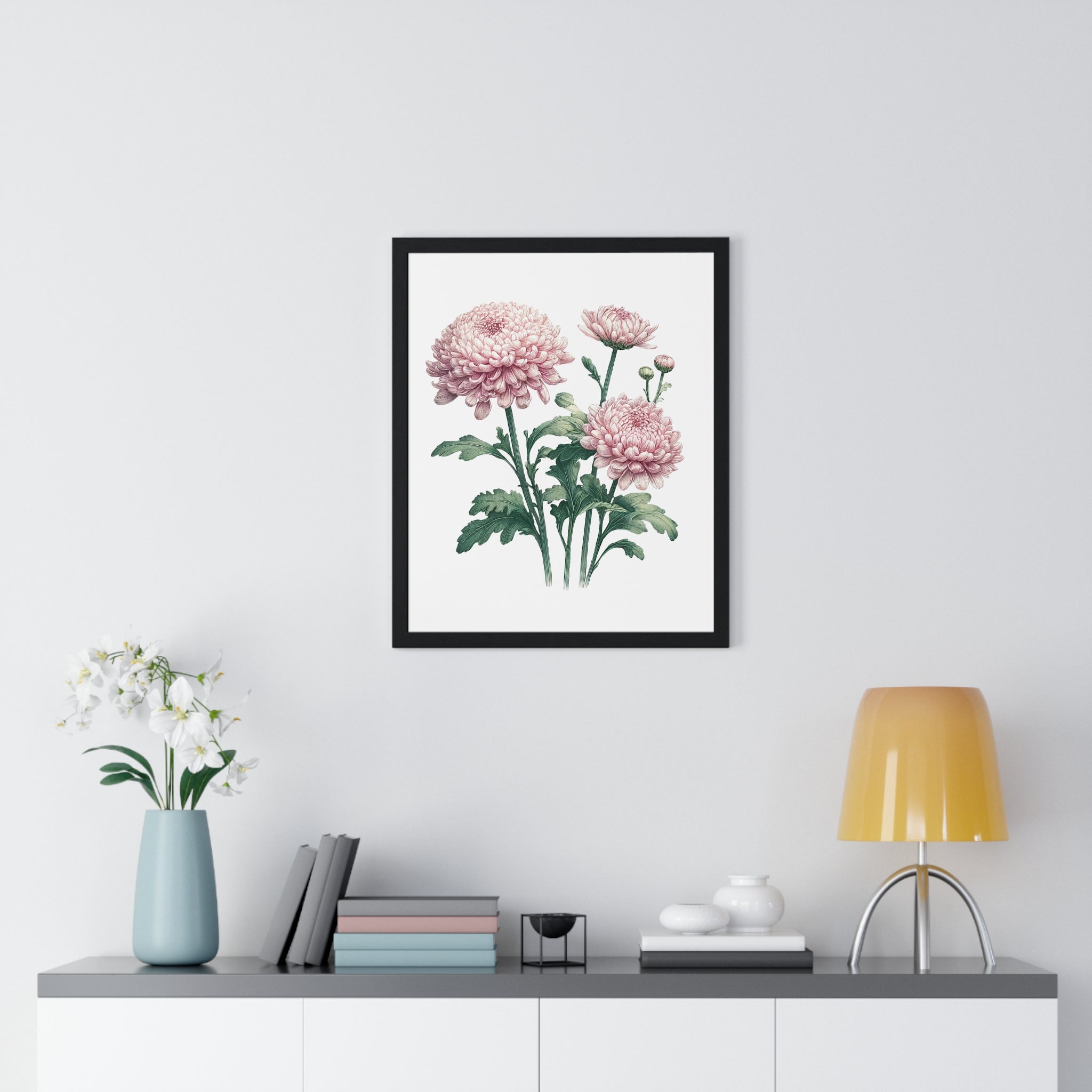 November Birth Month Flower Wall Art – Pink Chrysanthemum Illustration in Wooden Frame | Loyalty, Love & Joy