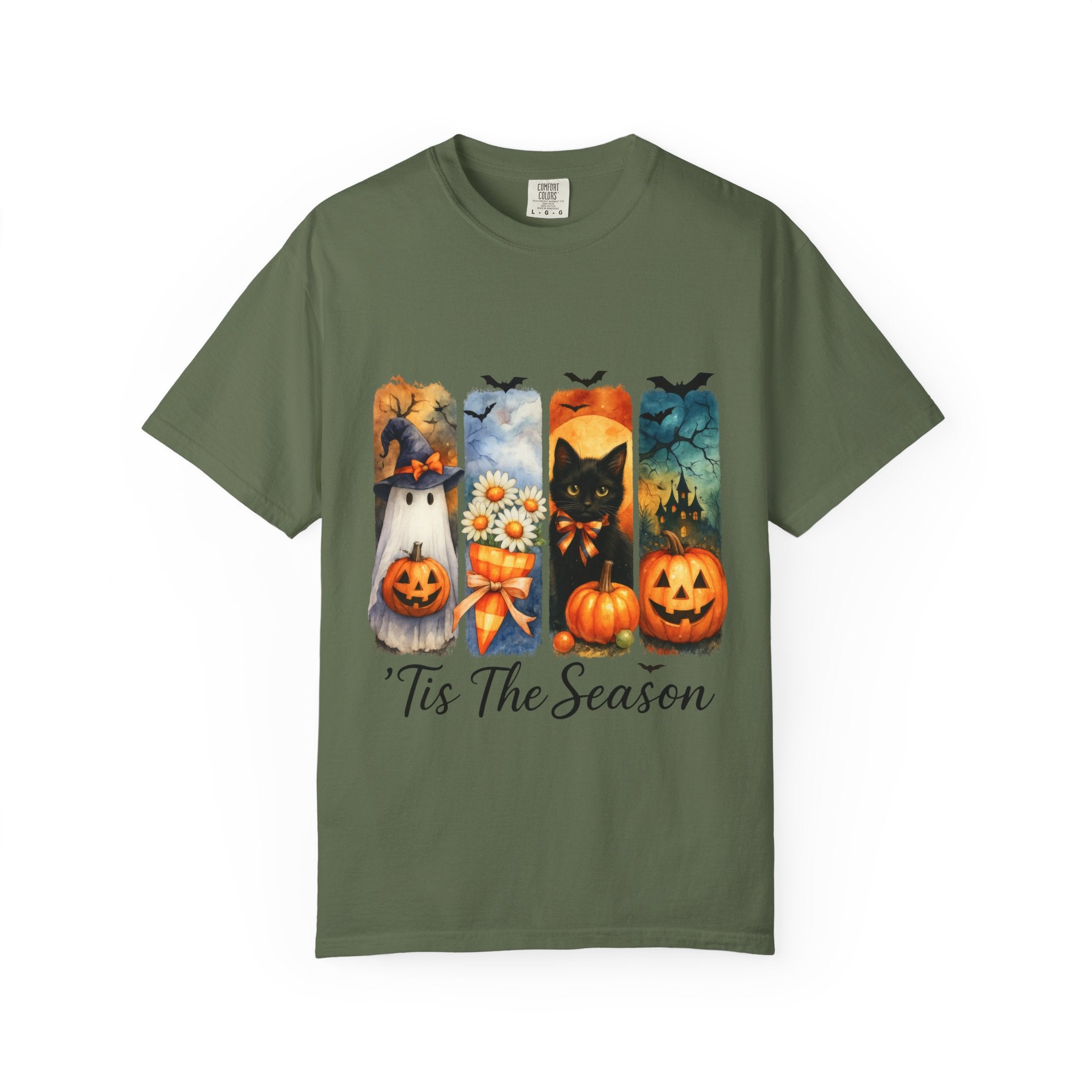 Whimsical Halloween T-Shirt – Ghost, Black Cat, Pumpkins & Haunted House Design