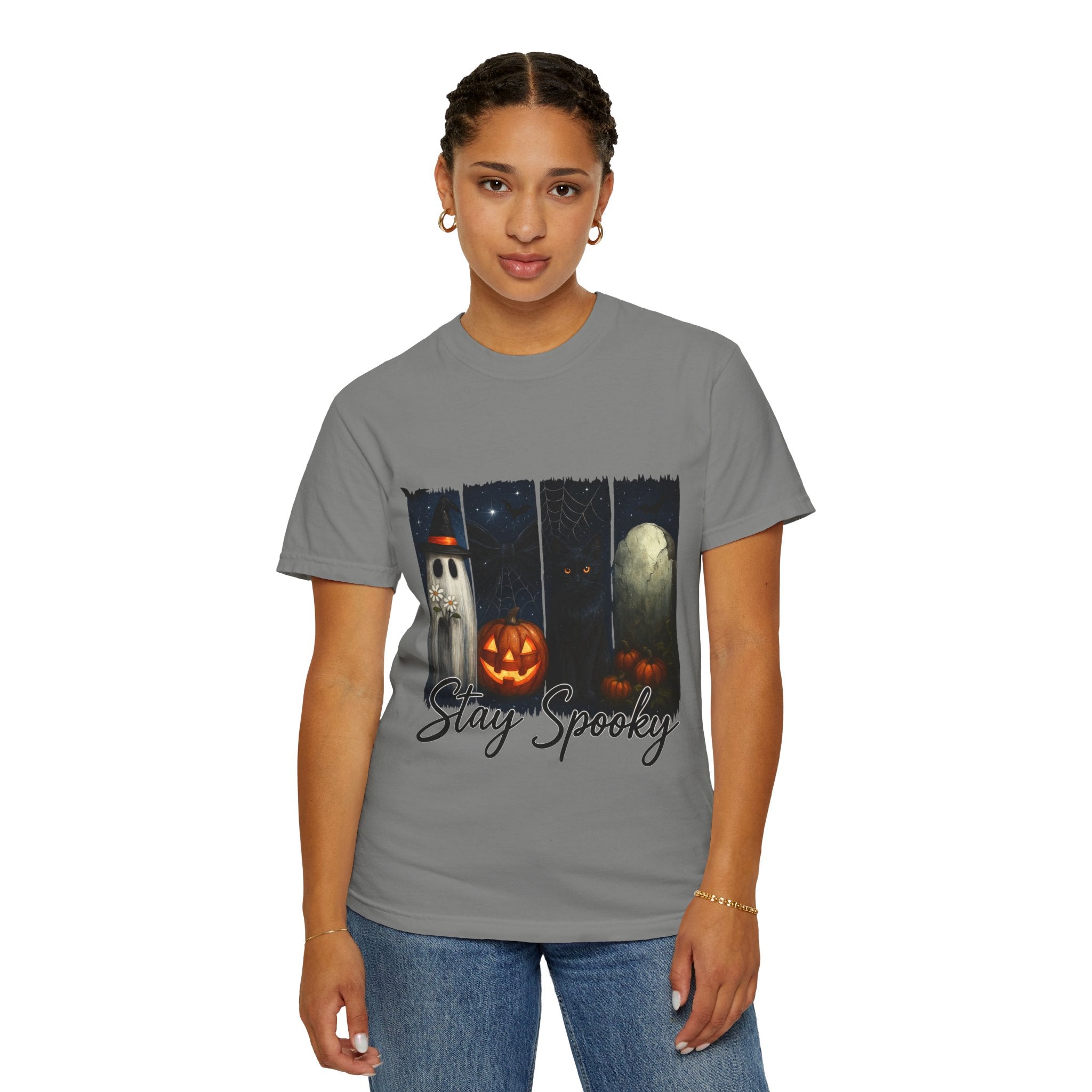 Stay Spooky Halloween T-Shirt – Cute Ghost, Black Cat, Pumpkin & Graveyard Design