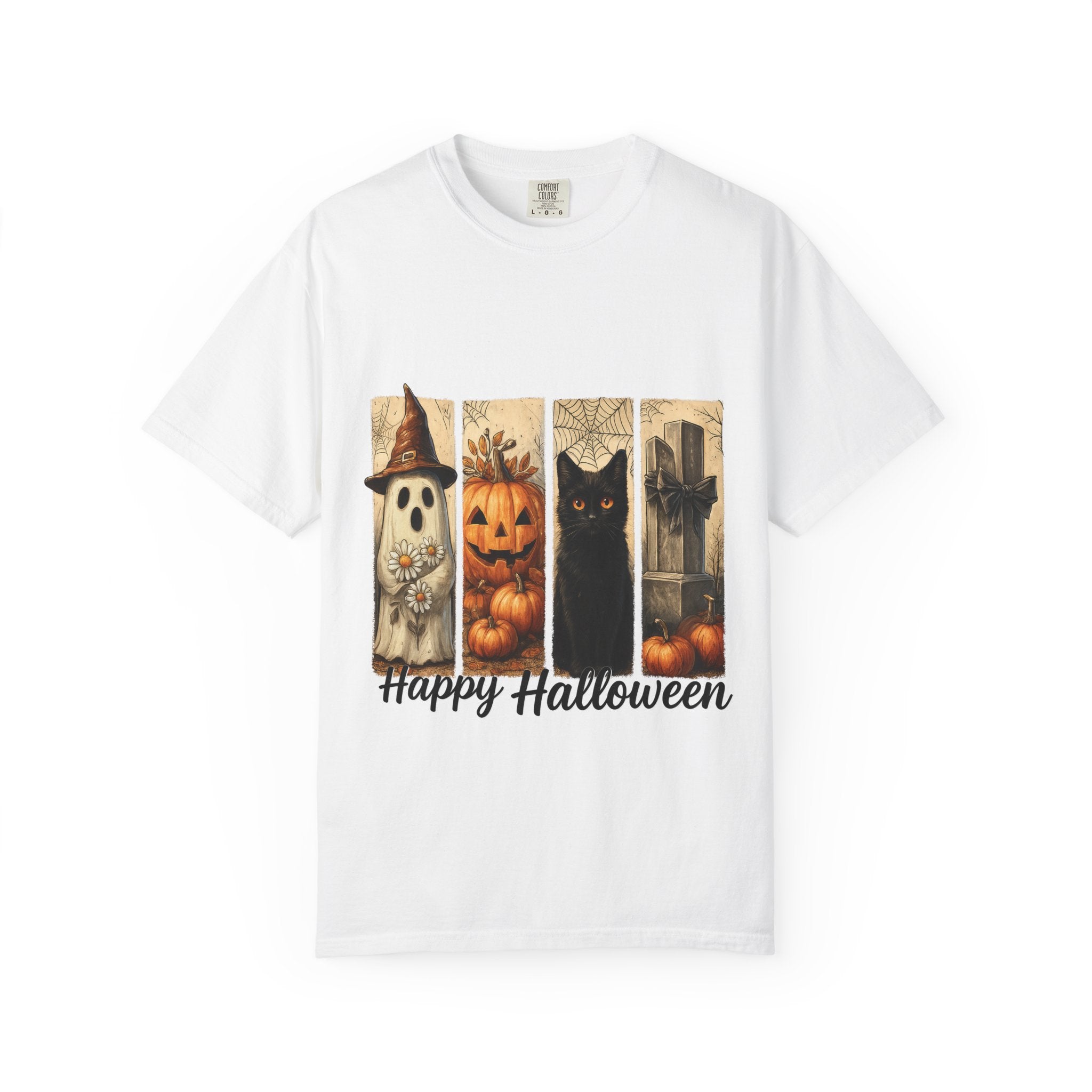 Happy Halloween Unisex T-Shirt – Ghost, Black Cat & Pumpkin Graphic Tee