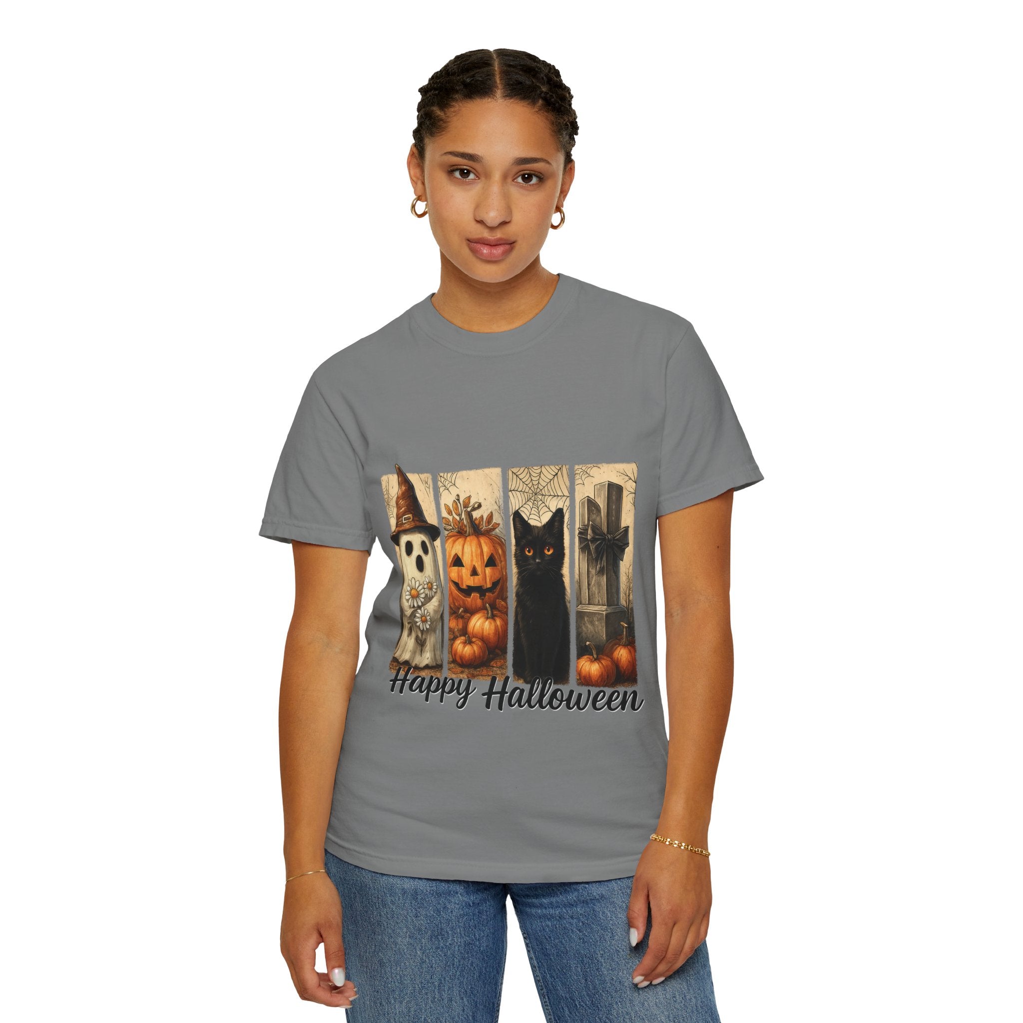 Happy Halloween Unisex T-Shirt – Ghost, Black Cat & Pumpkin Graphic Tee