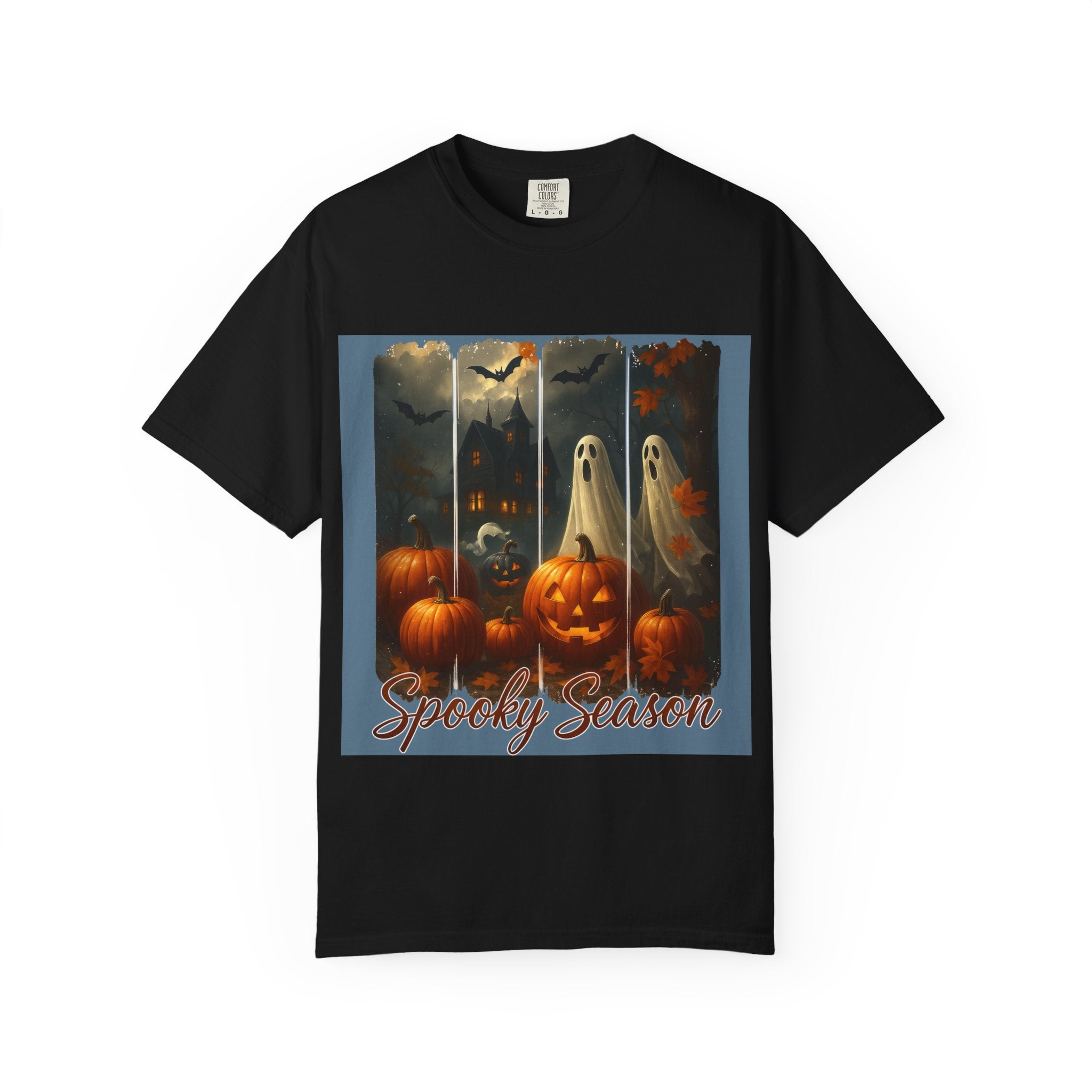 Spooky Season Unisex Halloween T-Shirt – Haunted House, Pumpkins & Ghosts Fall Design