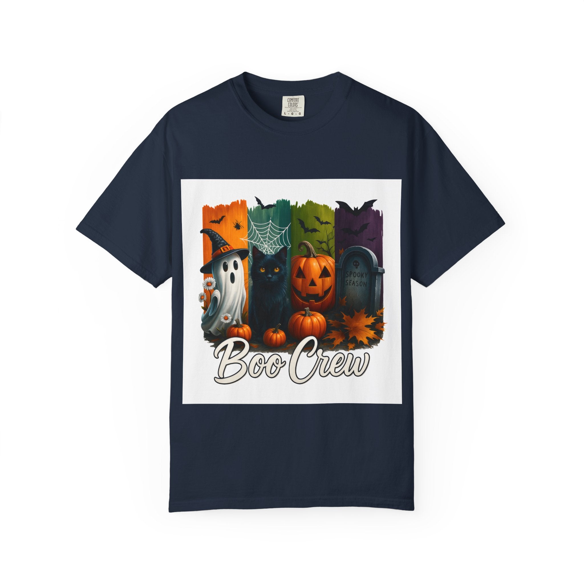 Boo Crew Halloween Unisex T-Shirt – Cute Ghost, Black Cat, Pumpkin & Tombstone Design