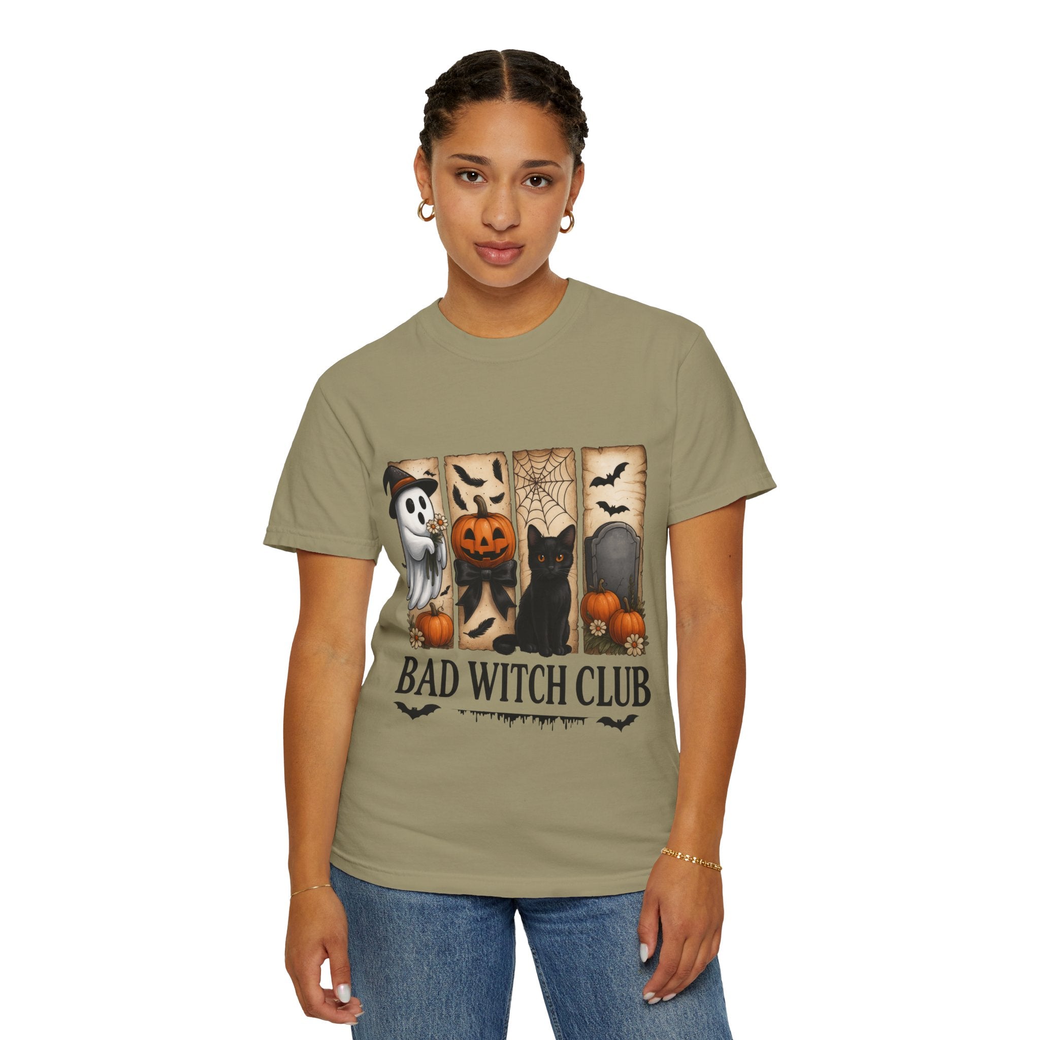 Bad Witch Club Halloween T-Shirt – Cute Ghost, Black Cat, Pumpkin & Spooky Gothic Design