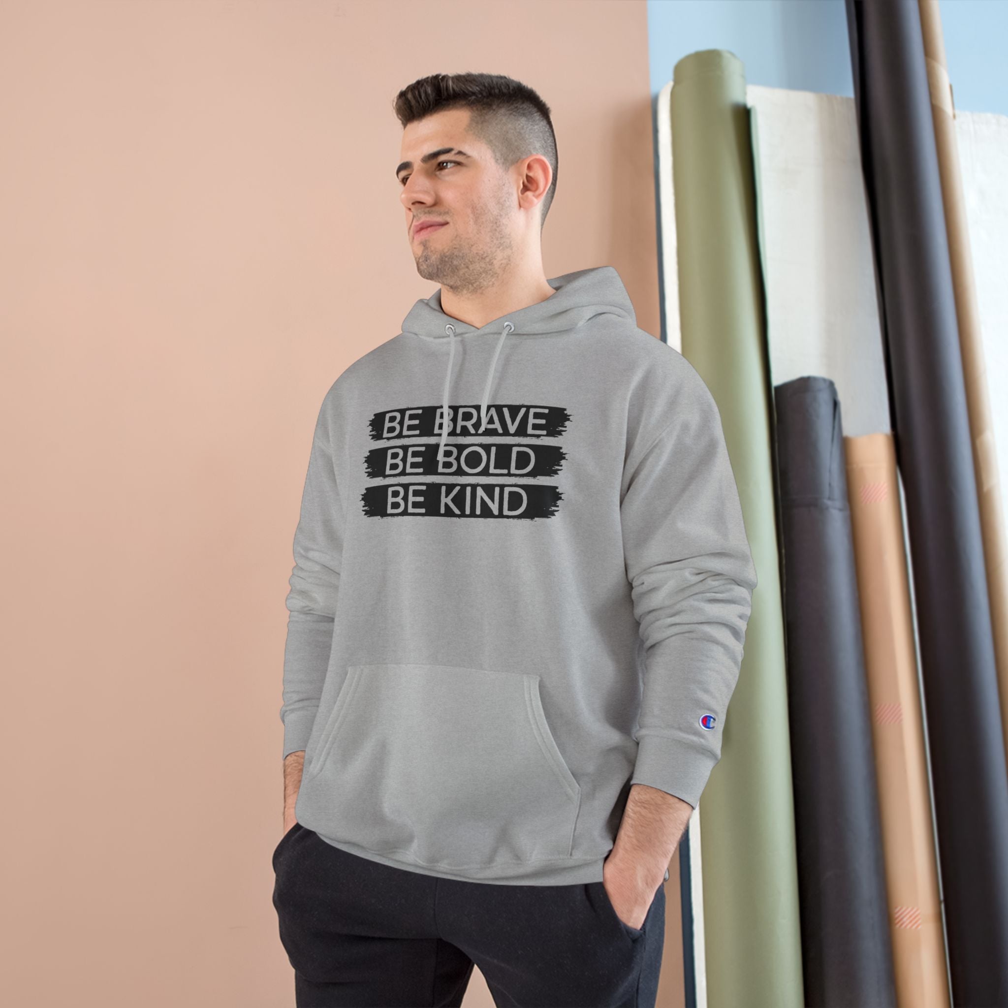 Champion Hoodie - Bold, Brave, Kind Minimalist Hand Sign Print