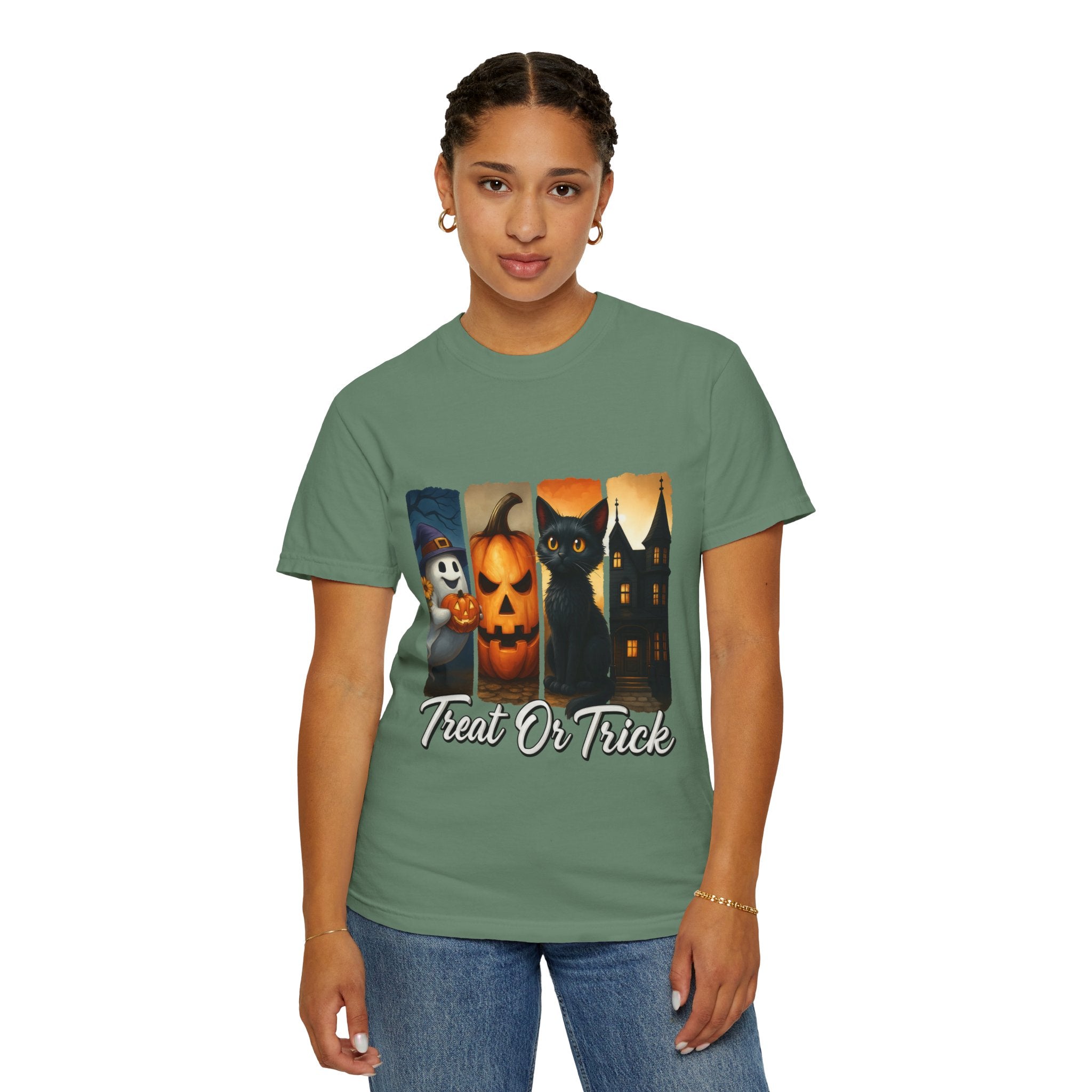 Treat Or Trick Halloween T-Shirt – Cute Ghost, Pumpkin, Black Cat & Haunted House Design