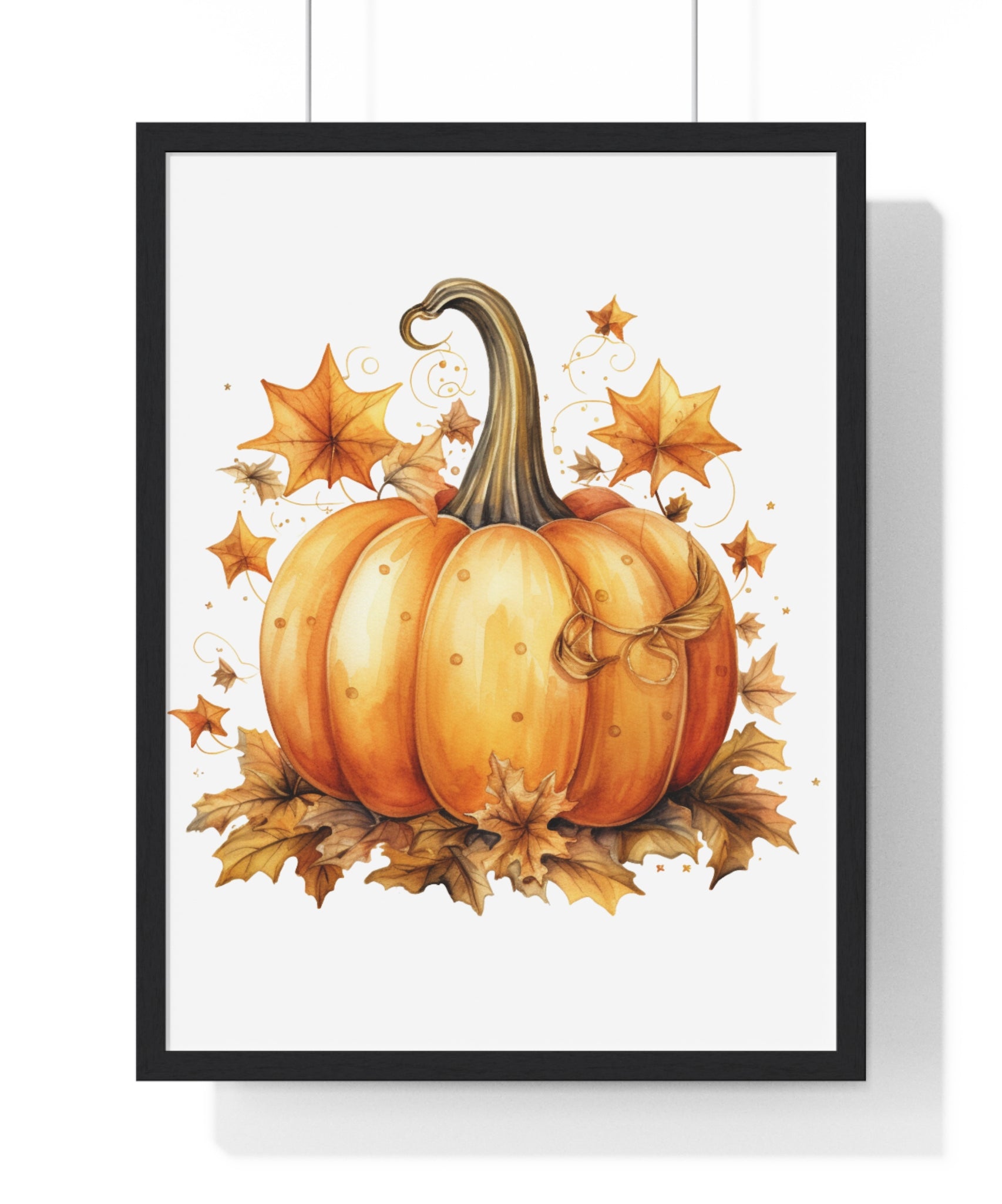 Decorative Autumn Pumpkin Wall Art – Bow-Tied Harvest Poster with Leaves & Swirls | Wooden Frame Fall Decor