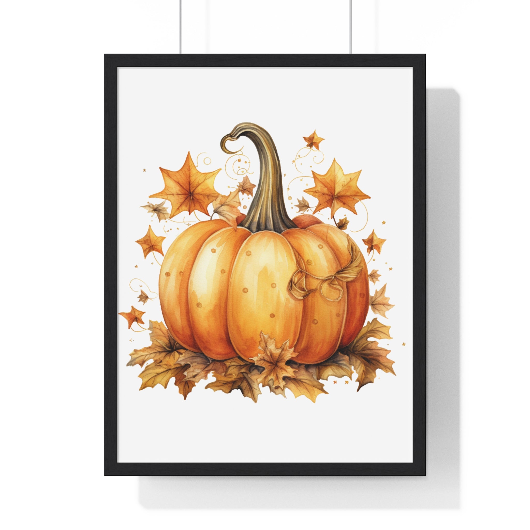 Decorative Autumn Pumpkin Wall Art – Bow-Tied Harvest Poster with Leaves & Swirls | Wooden Frame Fall Decor