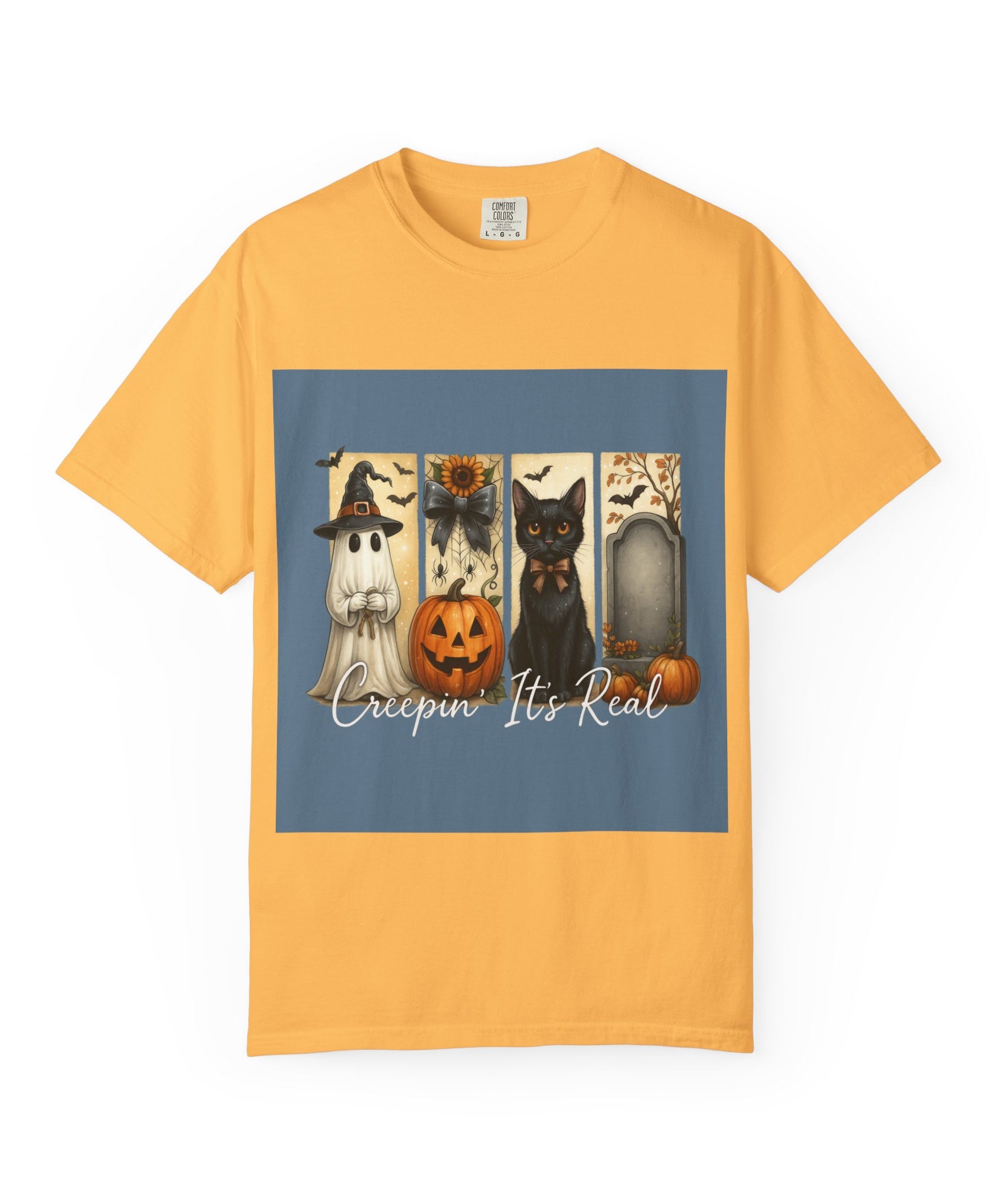 Creepin’ It’s Real Halloween T-Shirt – Cute Ghost, Pumpkin, Black Cat & Tombstone Design - Gallory Hive