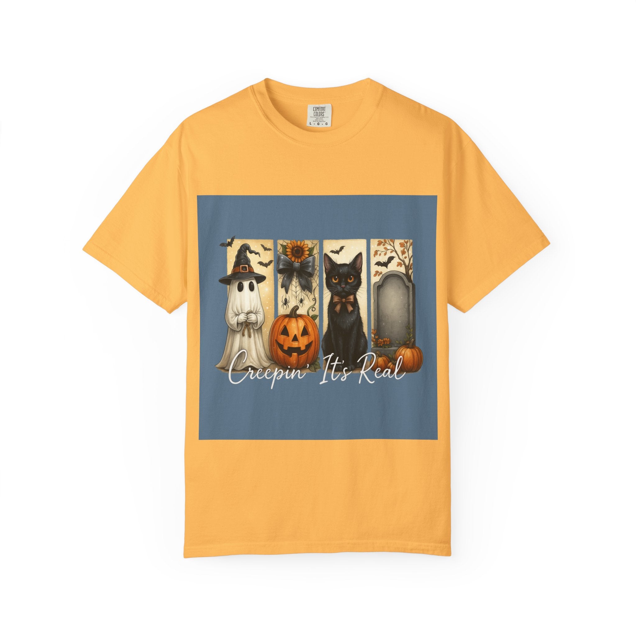 Creepin’ It’s Real Halloween T-Shirt – Cute Ghost, Pumpkin, Black Cat & Tombstone Design