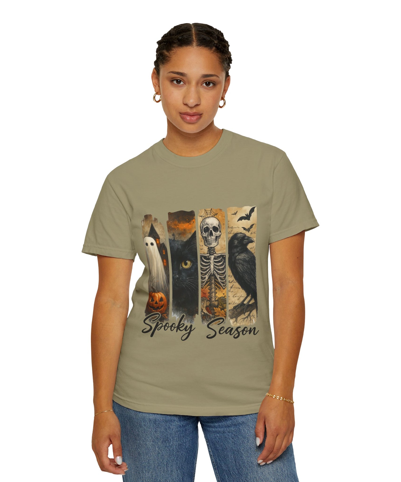 Spooky Season Gothic Halloween T-Shirt – Ghost, Black Cat, Skeleton & Raven Design - Gallory Hive