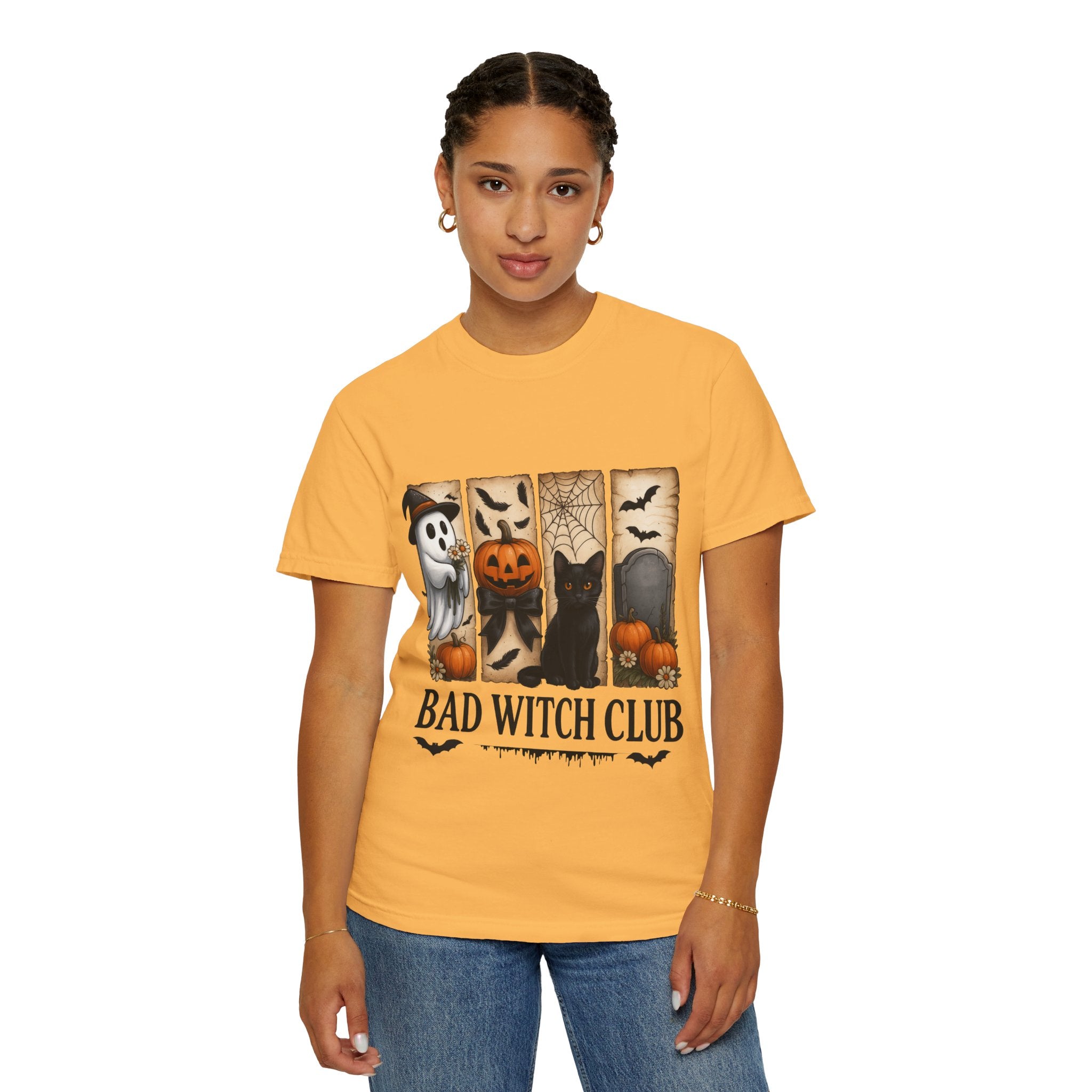 Bad Witch Club Halloween T-Shirt – Cute Ghost, Black Cat, Pumpkin & Spooky Gothic Design