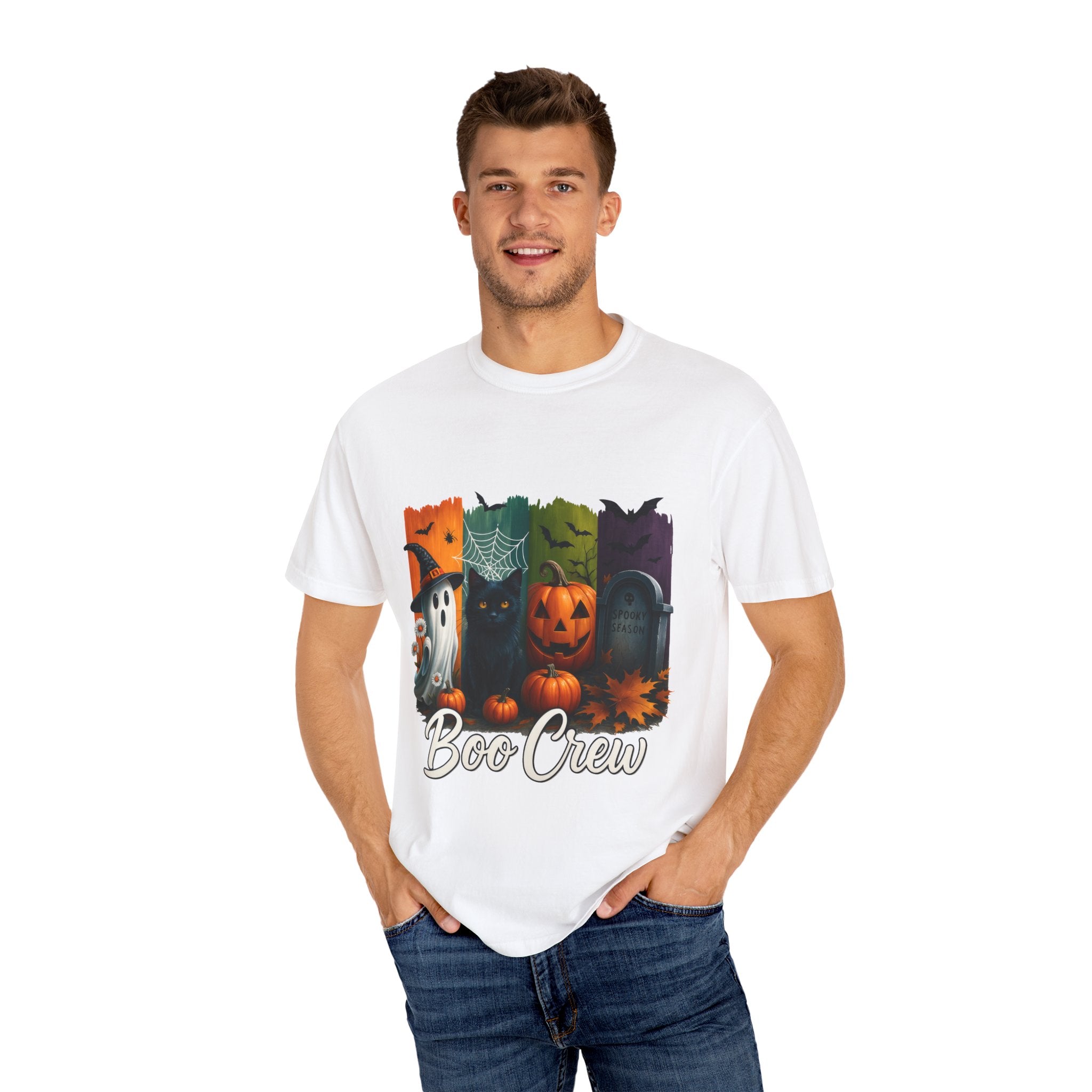 Boo Crew Halloween Unisex T-Shirt – Cute Ghost, Black Cat, Pumpkin & Tombstone Design
