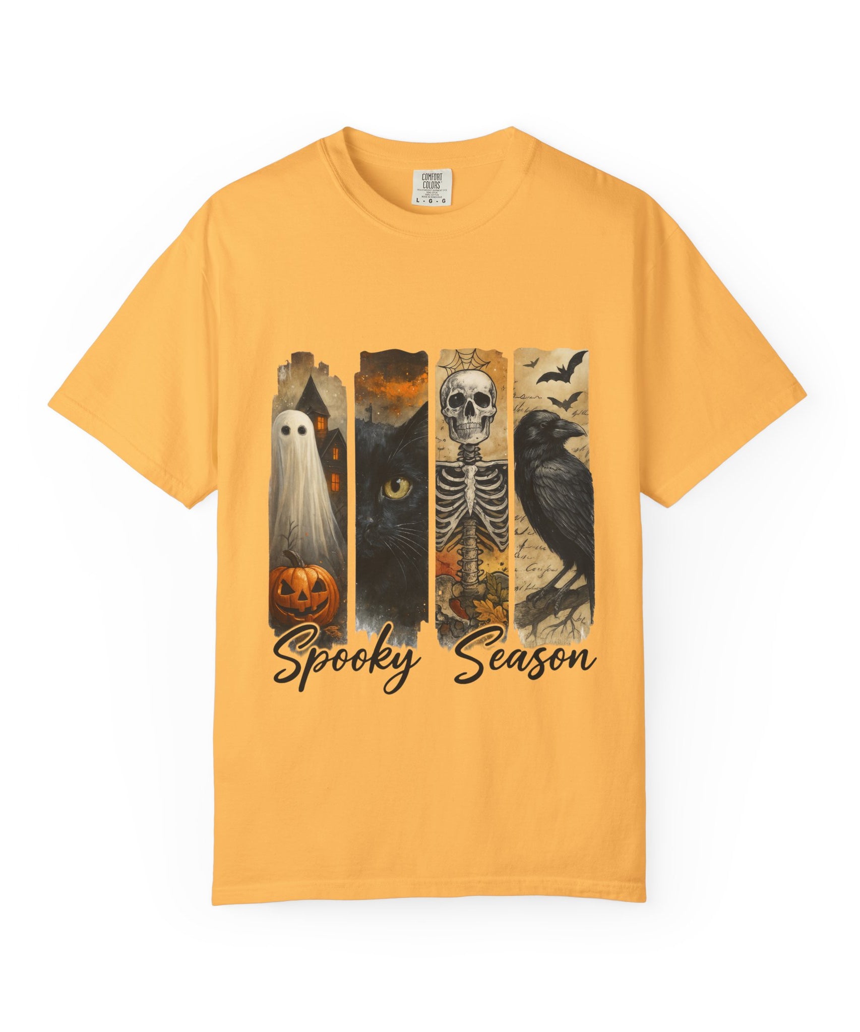 Spooky Season Gothic Halloween T-Shirt – Ghost, Black Cat, Skeleton & Raven Design - Gallory Hive