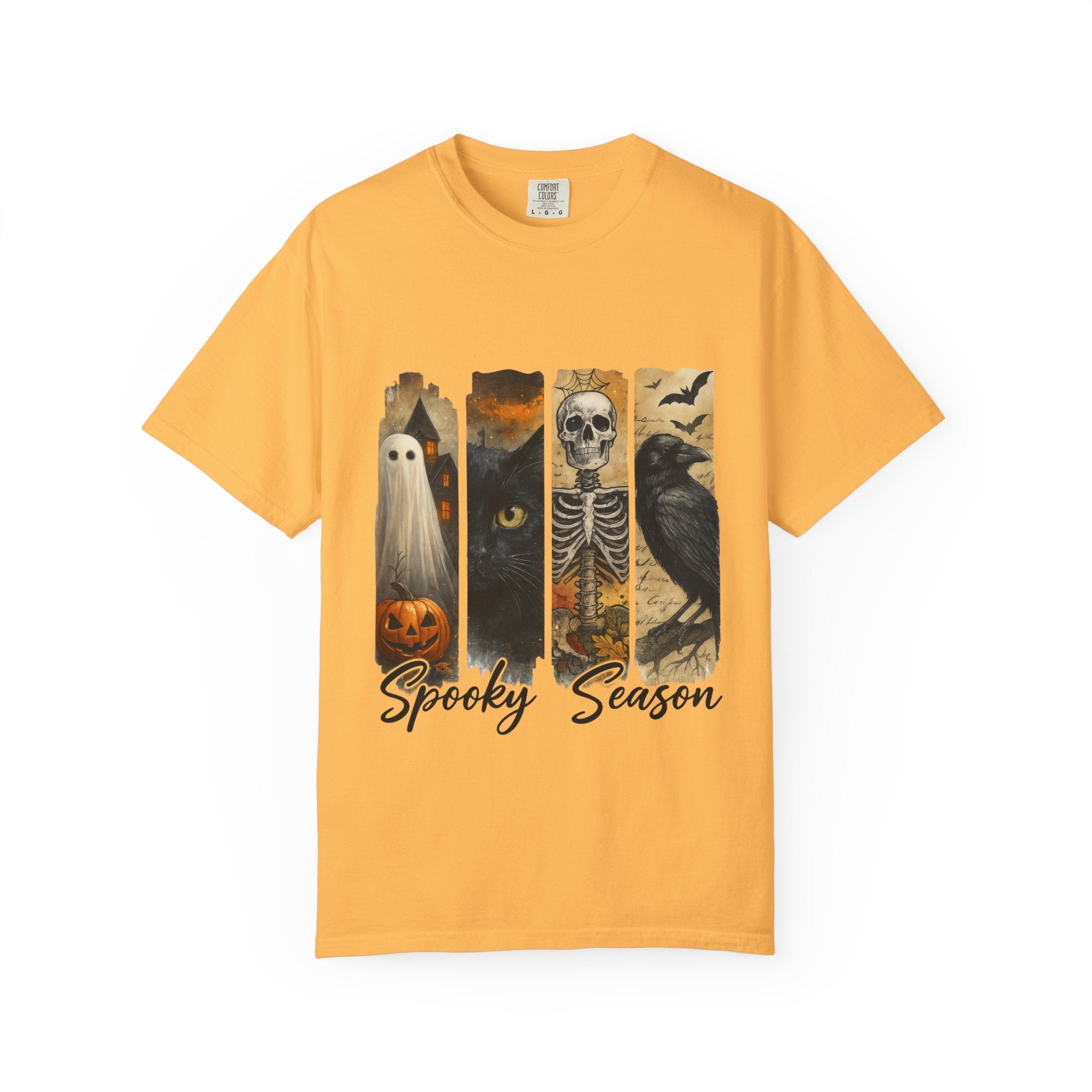 Spooky Season Gothic Halloween T-Shirt – Ghost, Black Cat, Skeleton & Raven Design