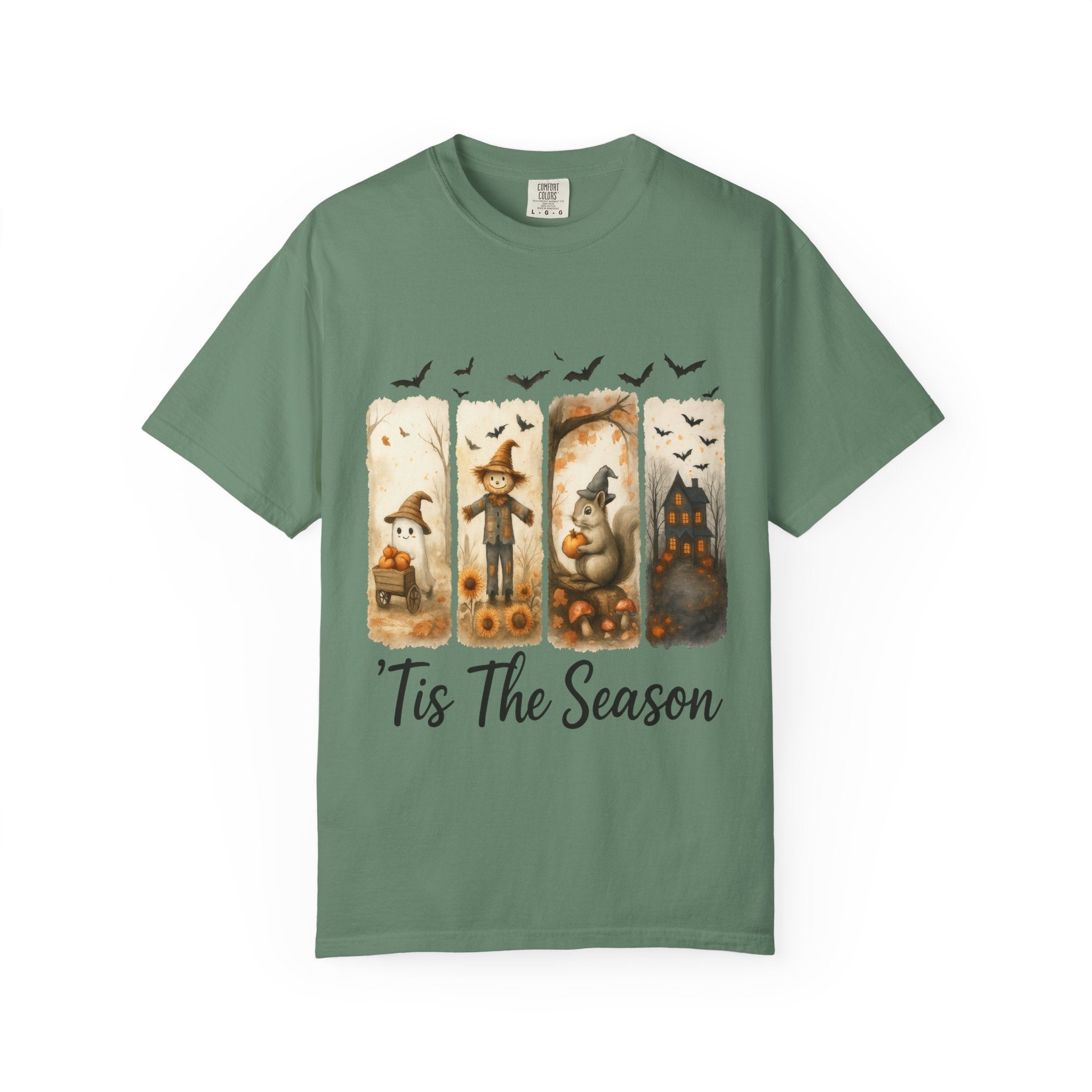 Tis The Season Fall Halloween T-Shirt – Cute Ghost, Scarecrow, Squirrel & Haunted House Design