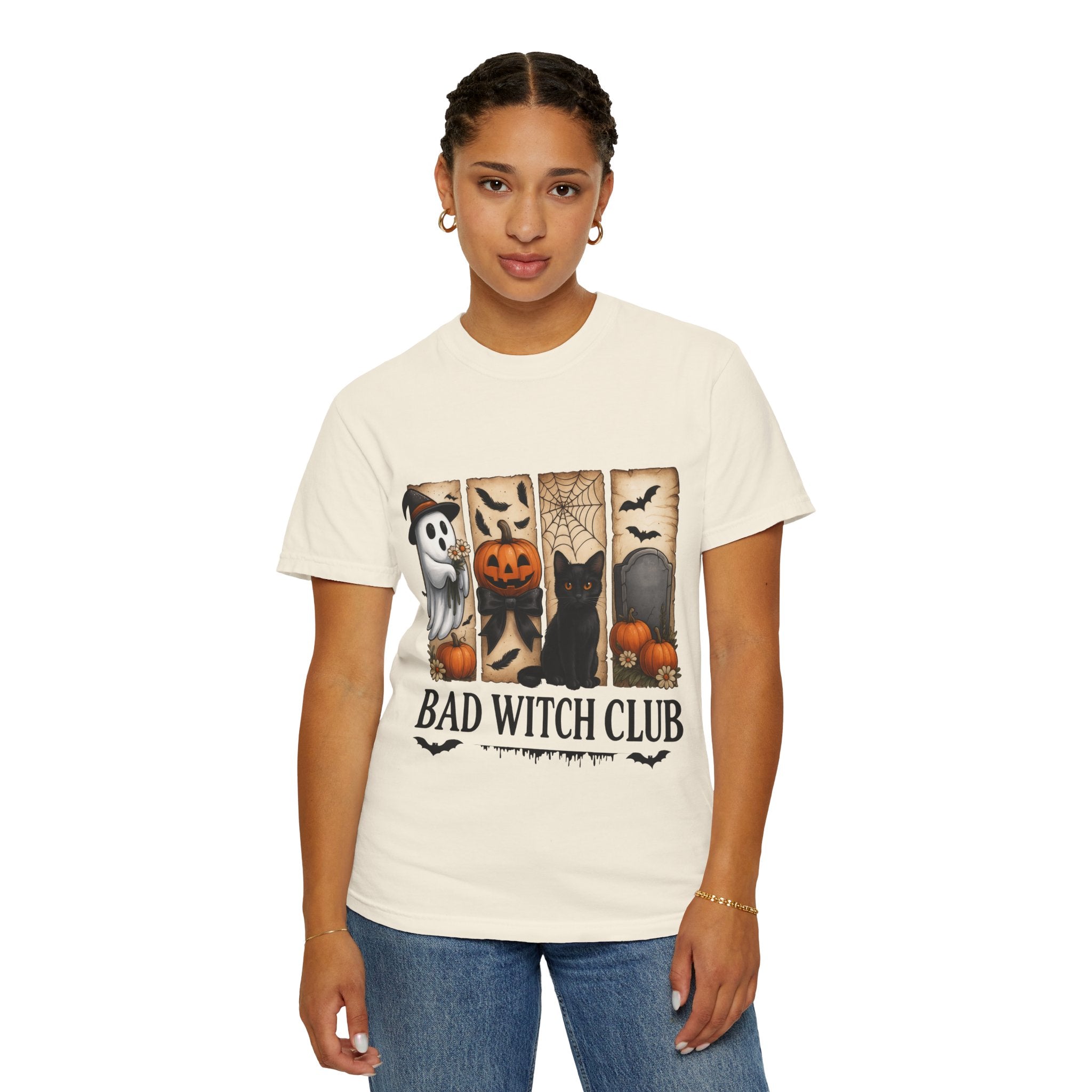 Bad Witch Club Halloween T-Shirt – Cute Ghost, Black Cat, Pumpkin & Spooky Gothic Design
