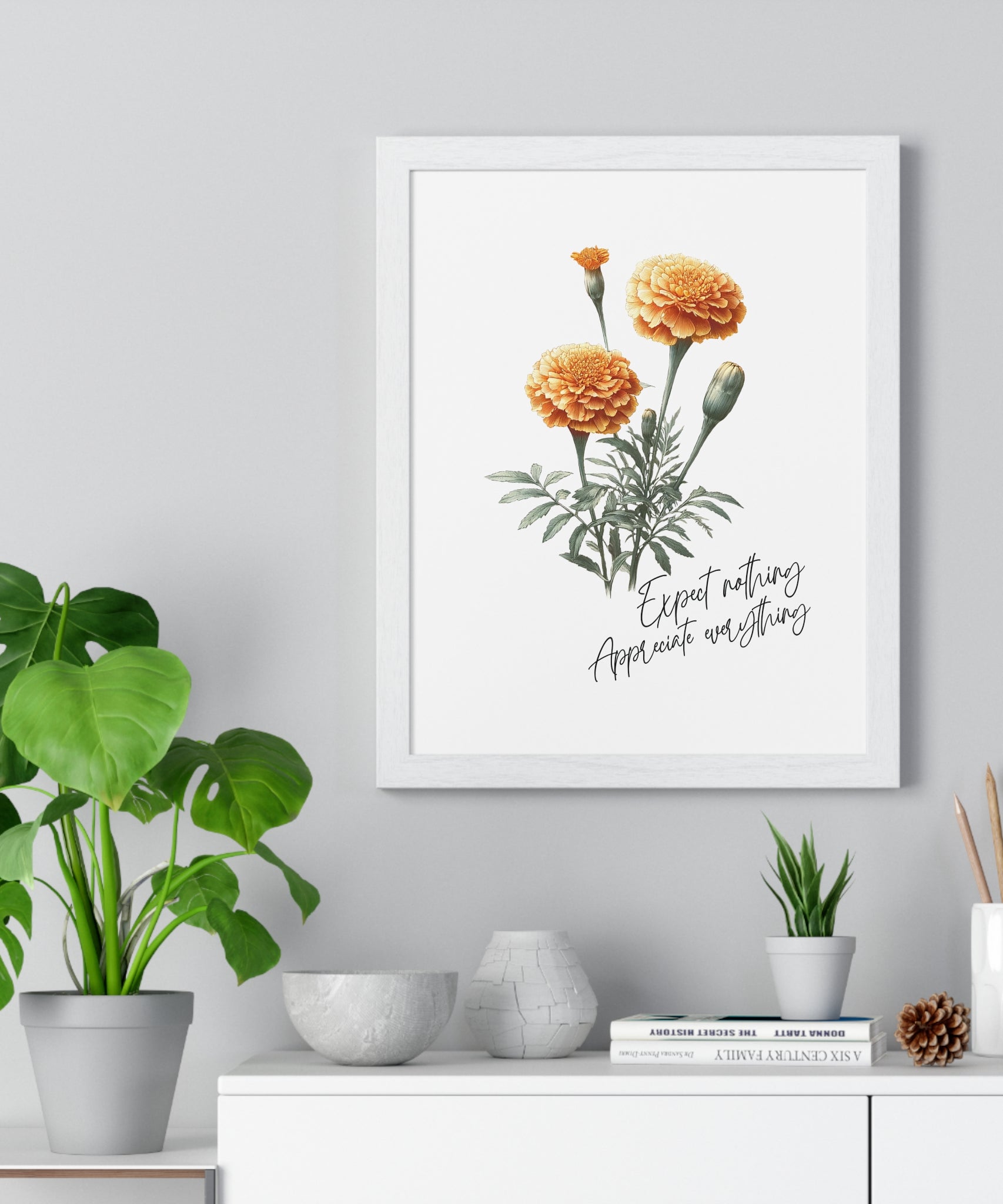 October Birth Month Flower Wall Art – Marigold Illustration with Inspirational Quote in Wooden Frame
