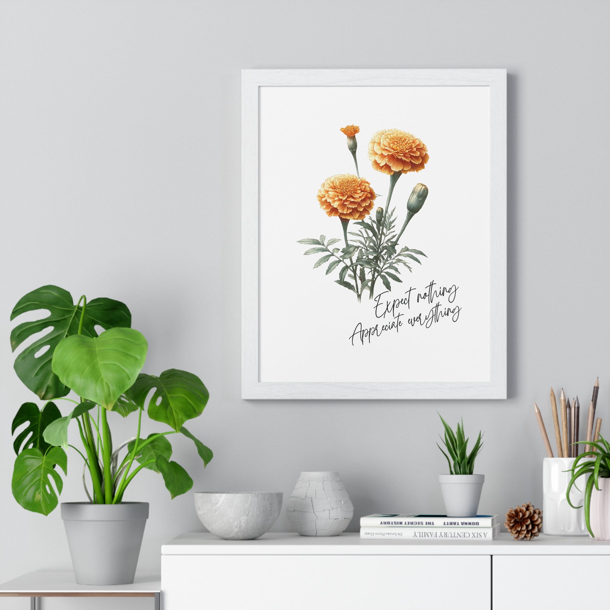 October Birth Month Flower Wall Art – Marigold Illustration with Inspirational Quote in Wooden Frame