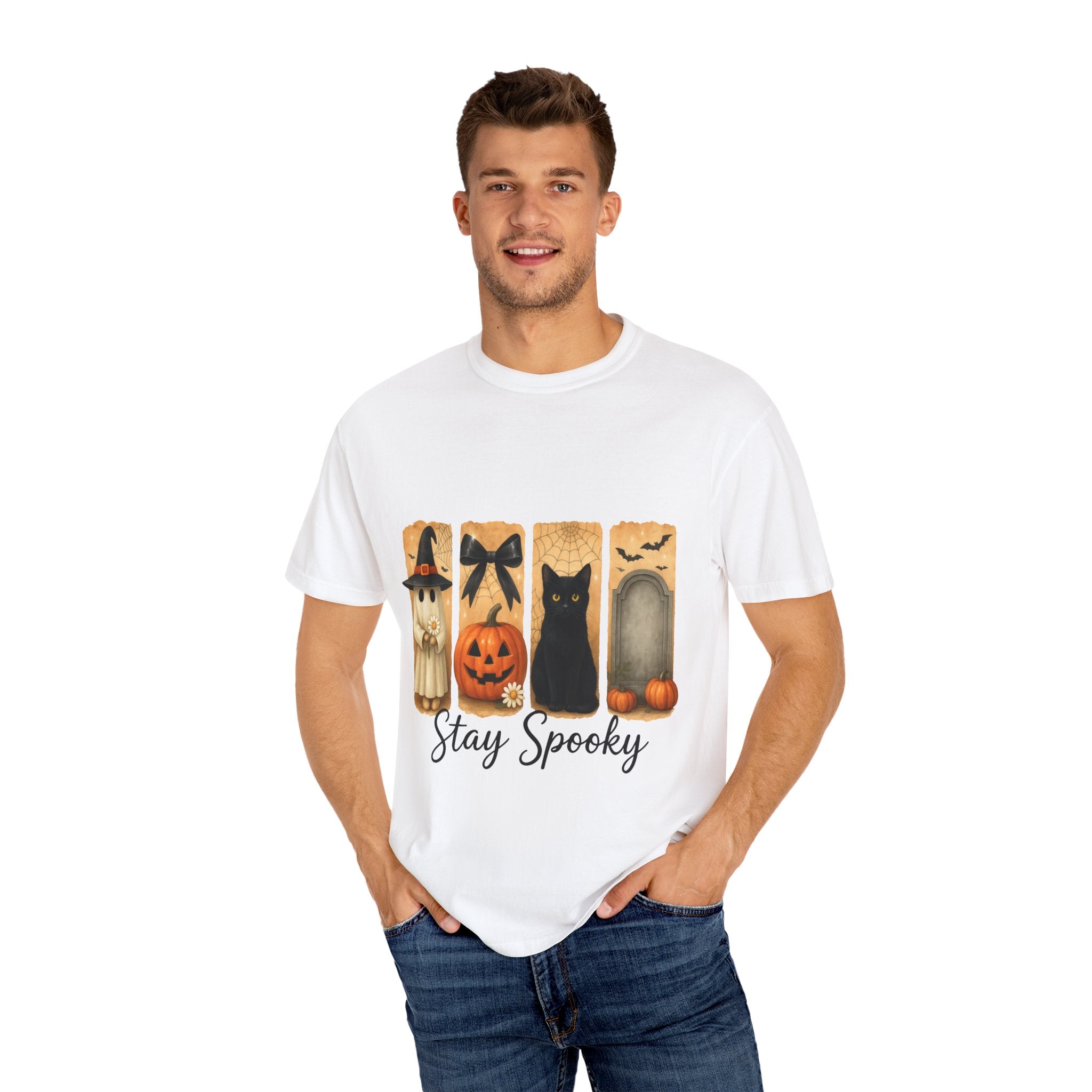 Cute Halloween T-Shirt – Ghost in Witch Hat, Pumpkin, Black Cat & Tombstone Design