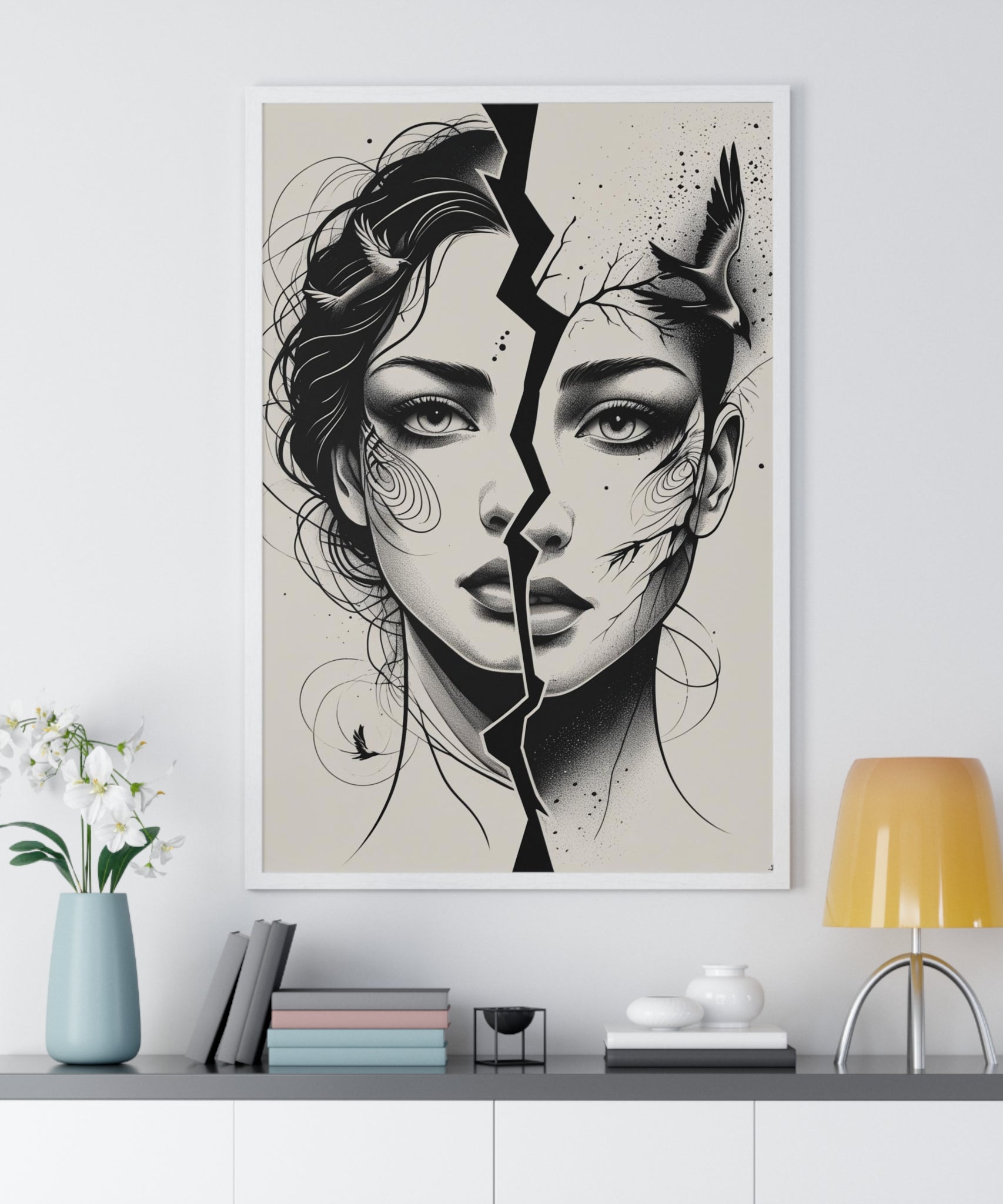 Vertical Framed Poster, Women Split Face Home Decor Art Modern Wall Unique Gift Inspirational Artwork, Wall Hanging Art Print - Gallory Hive