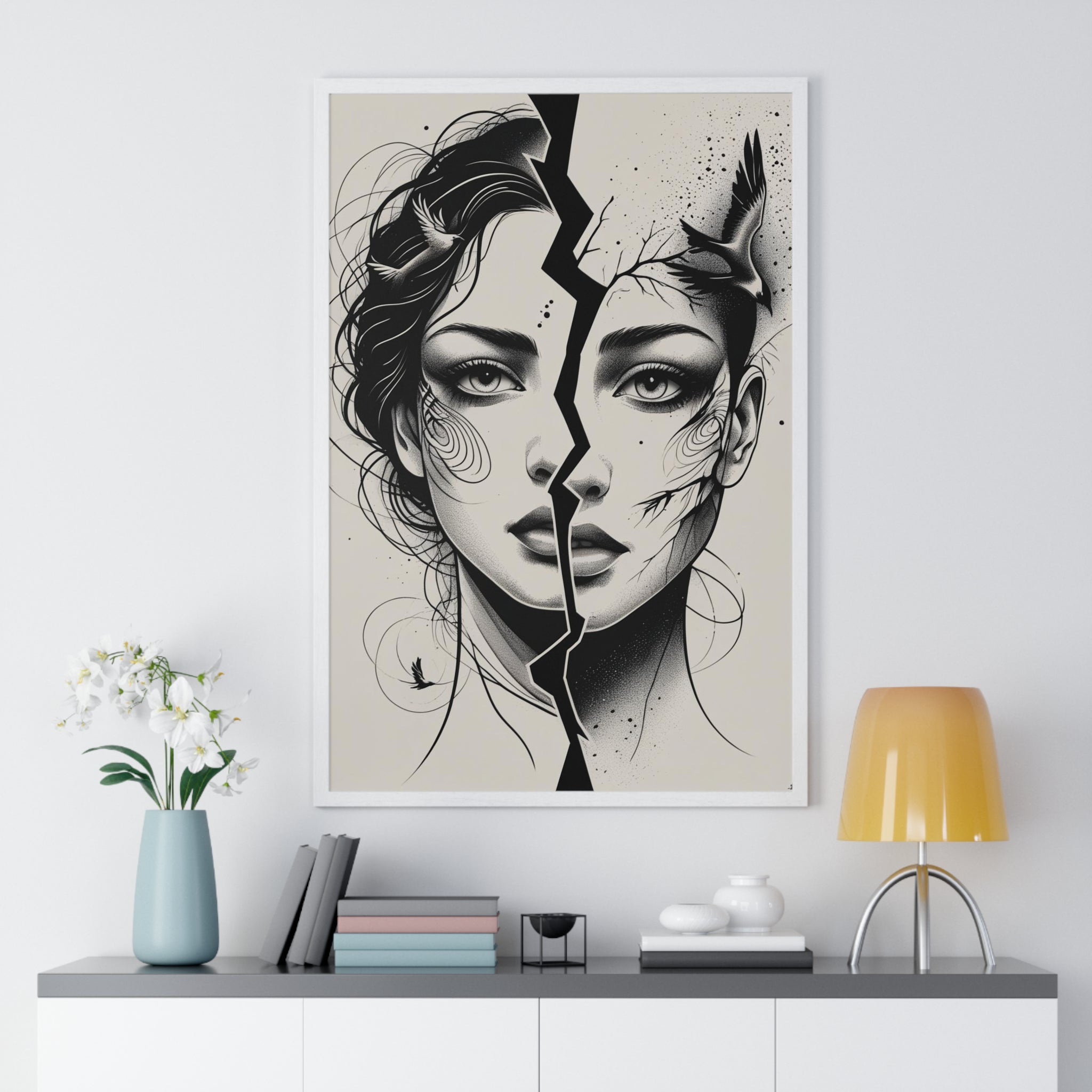 Vertical Framed Poster, Women Split Face Home Decor Art Modern Wall Unique Gift Inspirational Artwork, Wall Hanging Art Print