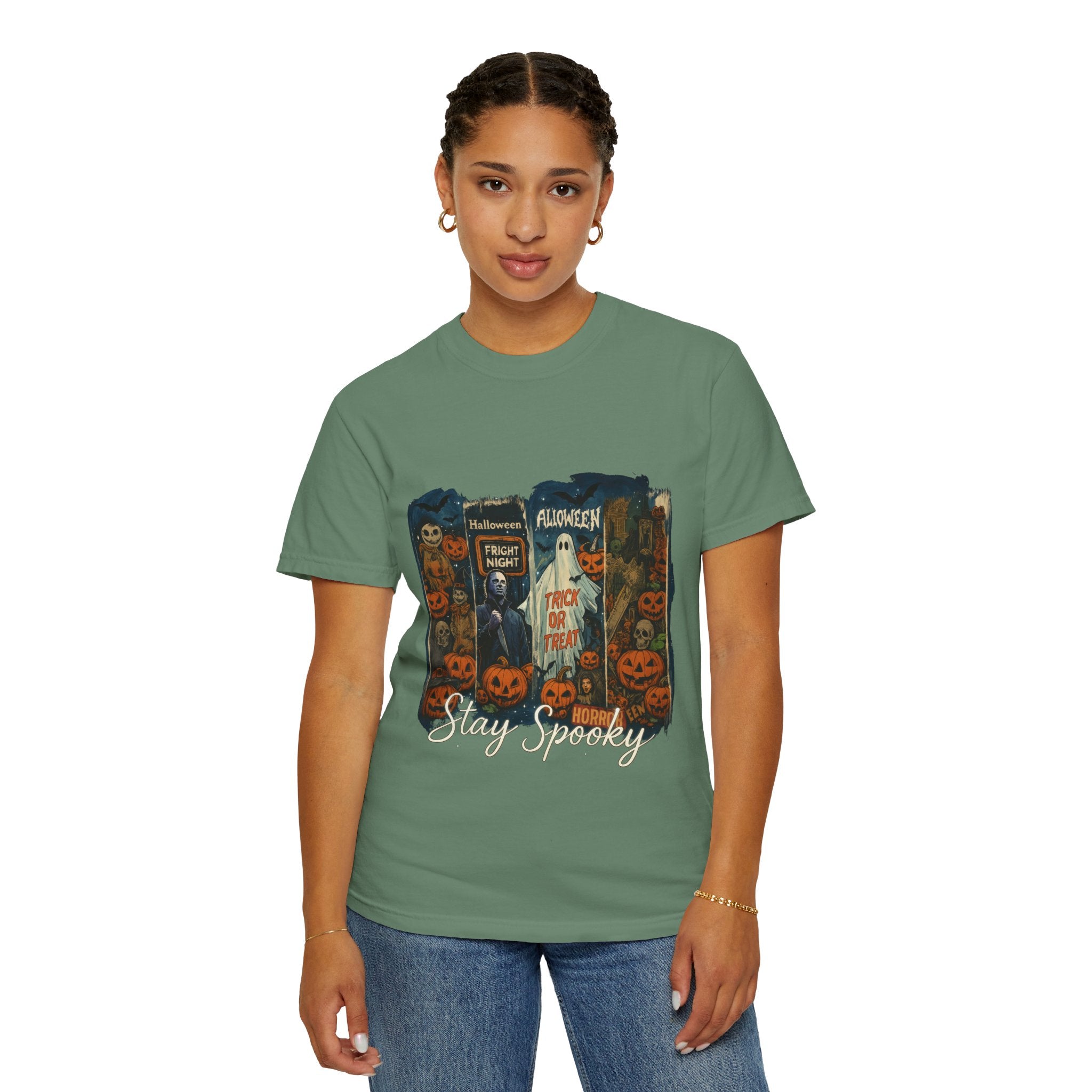 Stay Spooky Halloween Horror T-Shirt – Retro Slasher, Ghost, Pumpkins & Fright Night Design