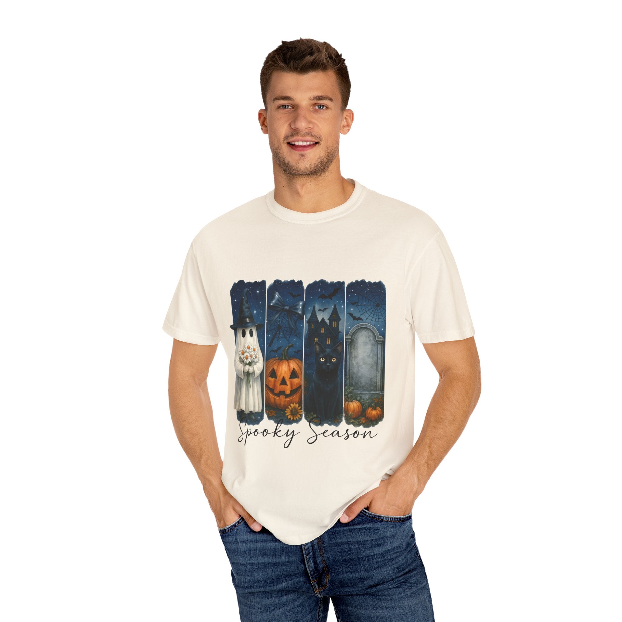 Spooky Season Halloween T-Shirt – Ghost, Black Cat, Pumpkin & Haunted House Design