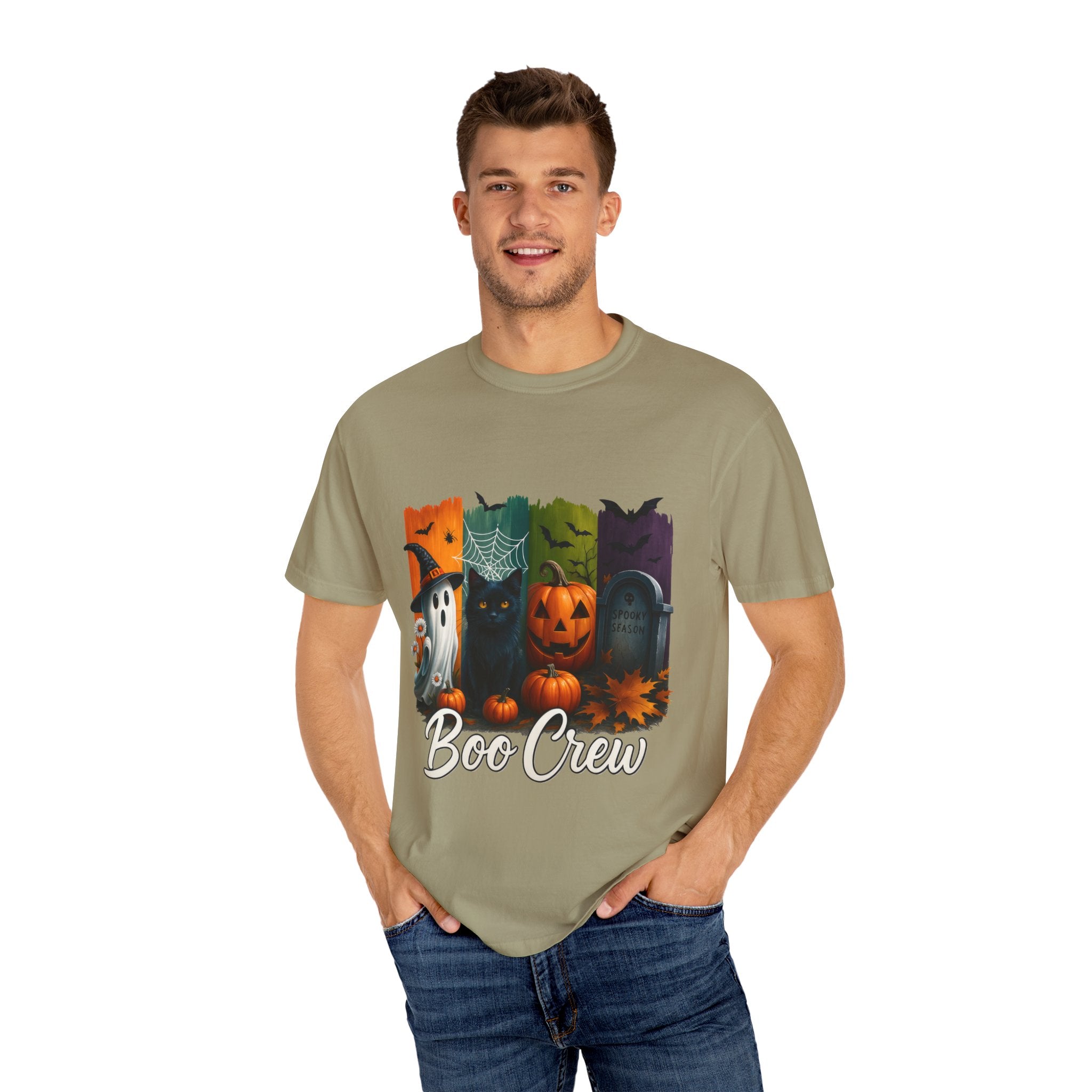 Boo Crew Halloween Unisex T-Shirt – Cute Ghost, Black Cat, Pumpkin & Tombstone Design