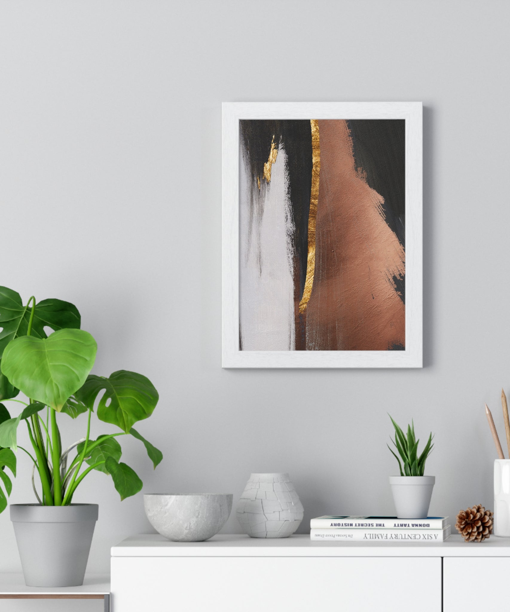 Modern Abstract Wall Art – Bold Black, Copper & Gold Textured Poster on Wooden Frame – Luxury Canvas Print for Home or Office