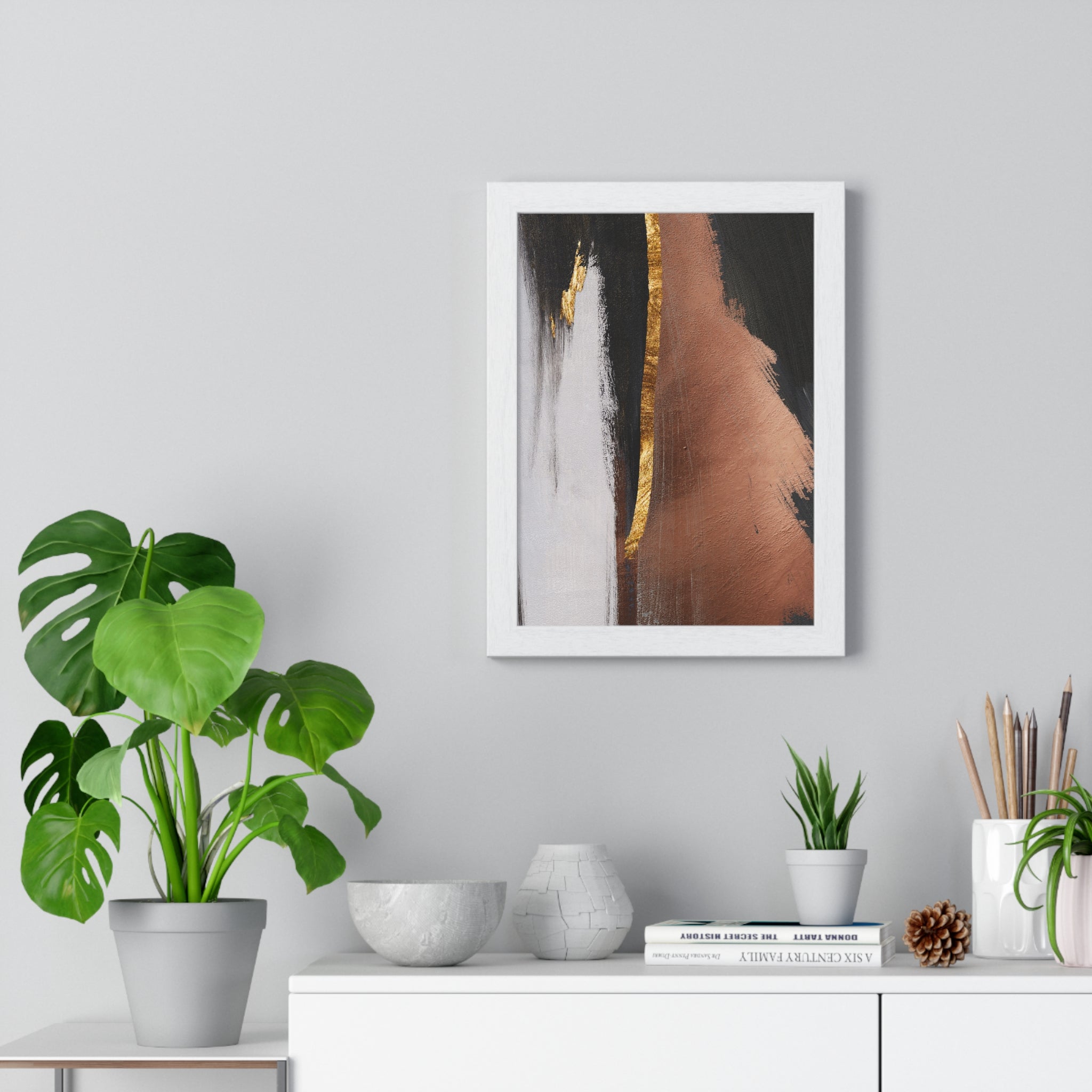 Modern Abstract Wall Art – Bold Black, Copper & Gold Textured Poster on Wooden Frame – Luxury Canvas Print for Home or Office