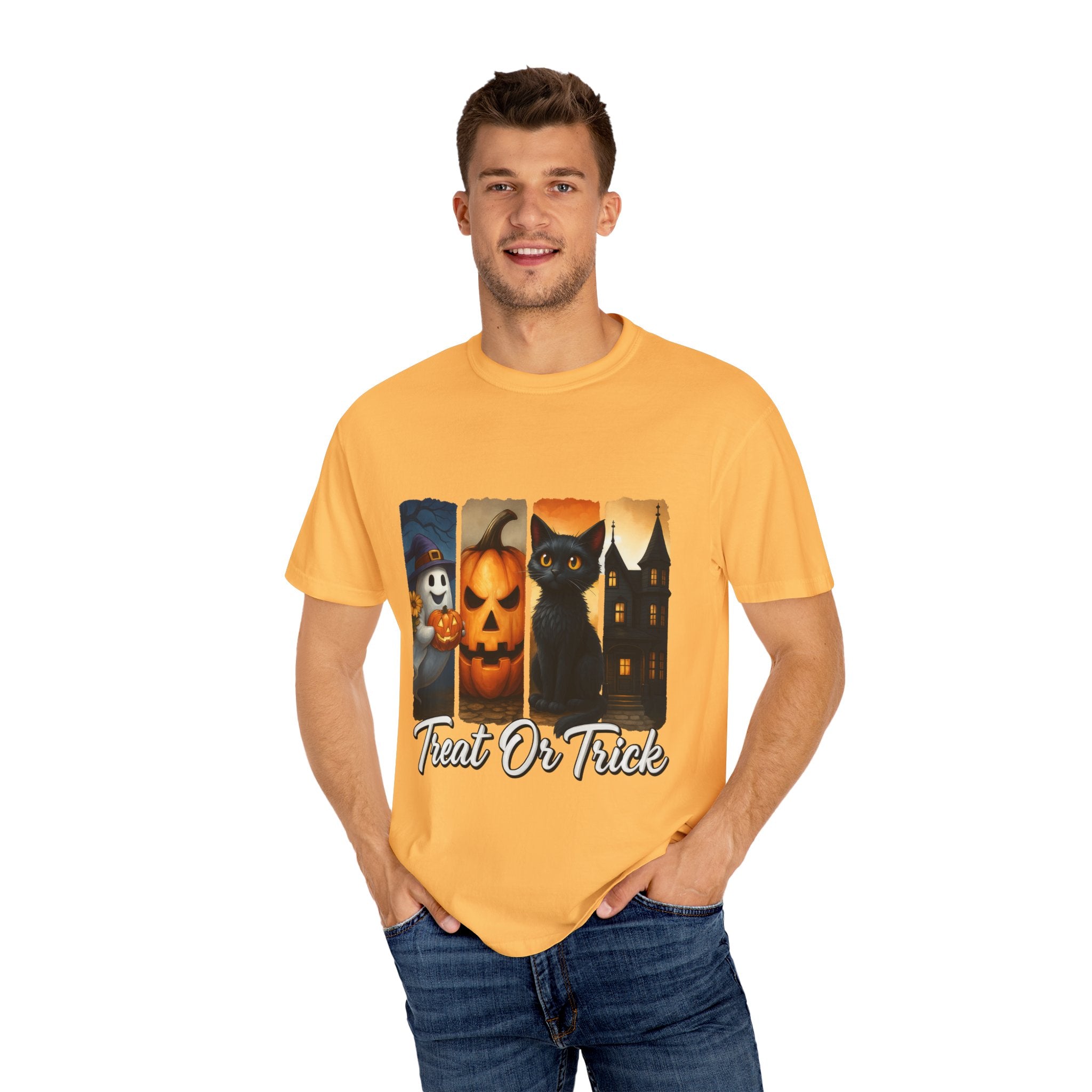 Treat Or Trick Halloween T-Shirt – Cute Ghost, Pumpkin, Black Cat & Haunted House Design
