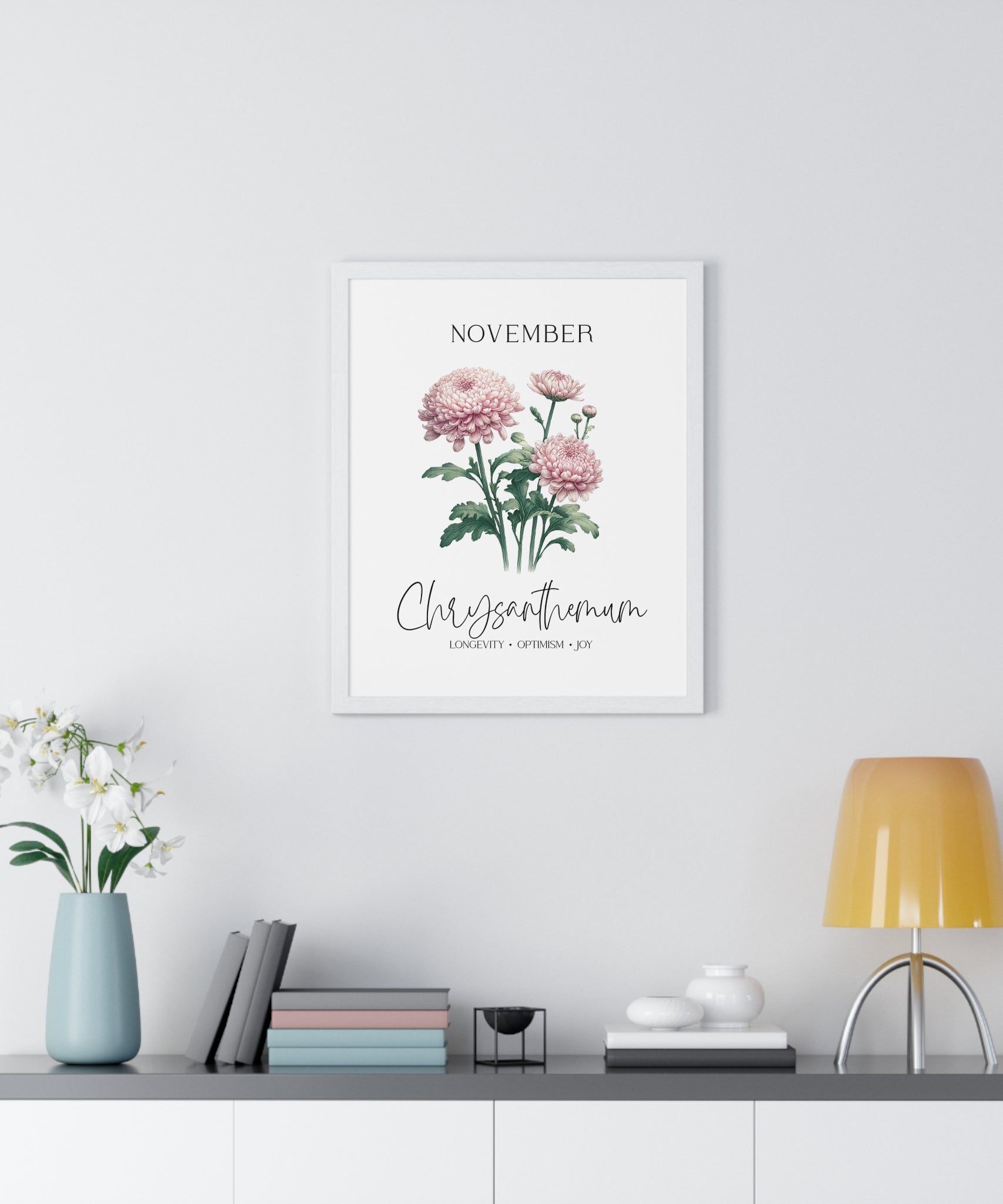 November Birth Month Flower Wall Art – Chrysanthemum Illustration in Wooden Frame | Longevity, Optimism & Joy