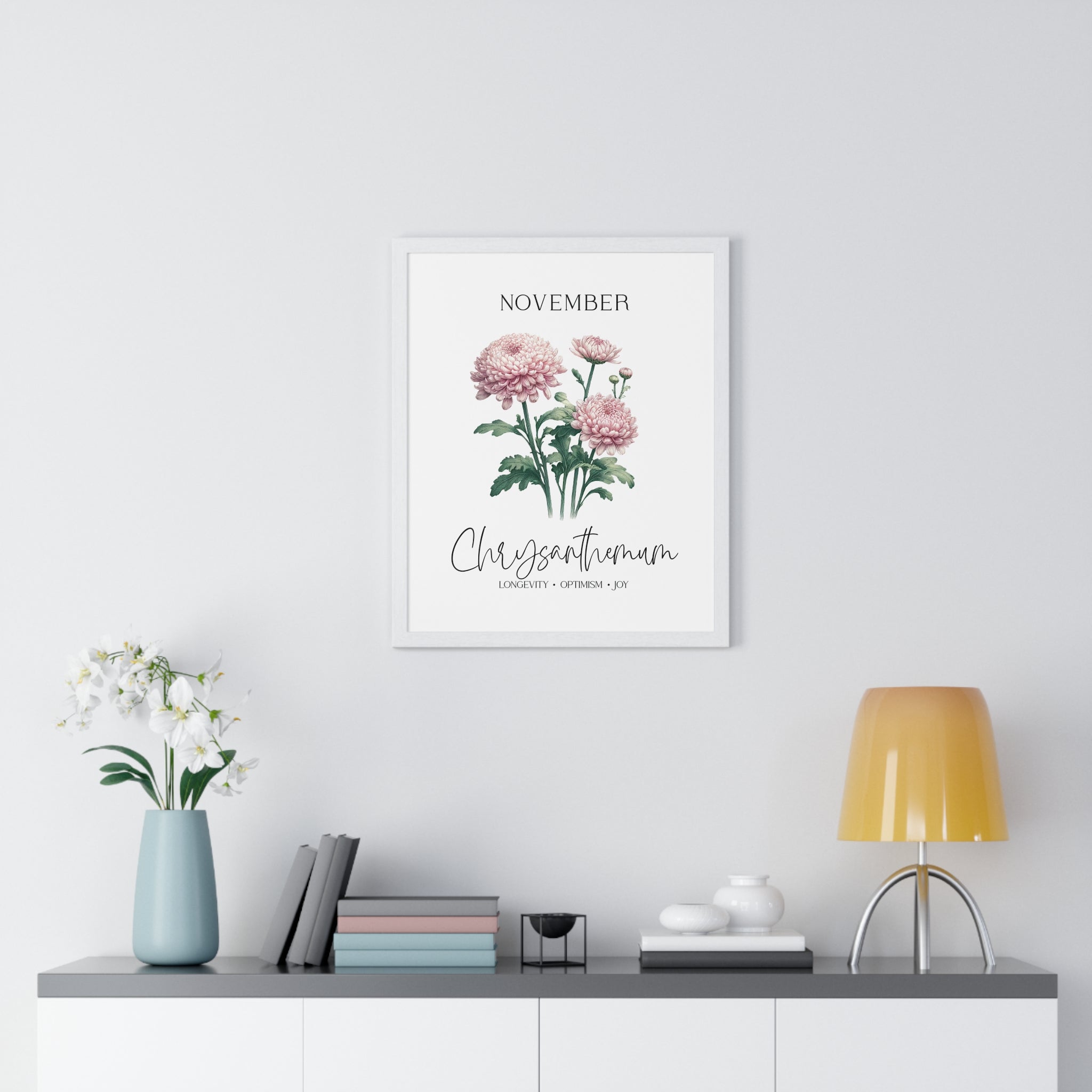 November Birth Month Flower Wall Art – Chrysanthemum Illustration in Wooden Frame | Longevity, Optimism & Joy