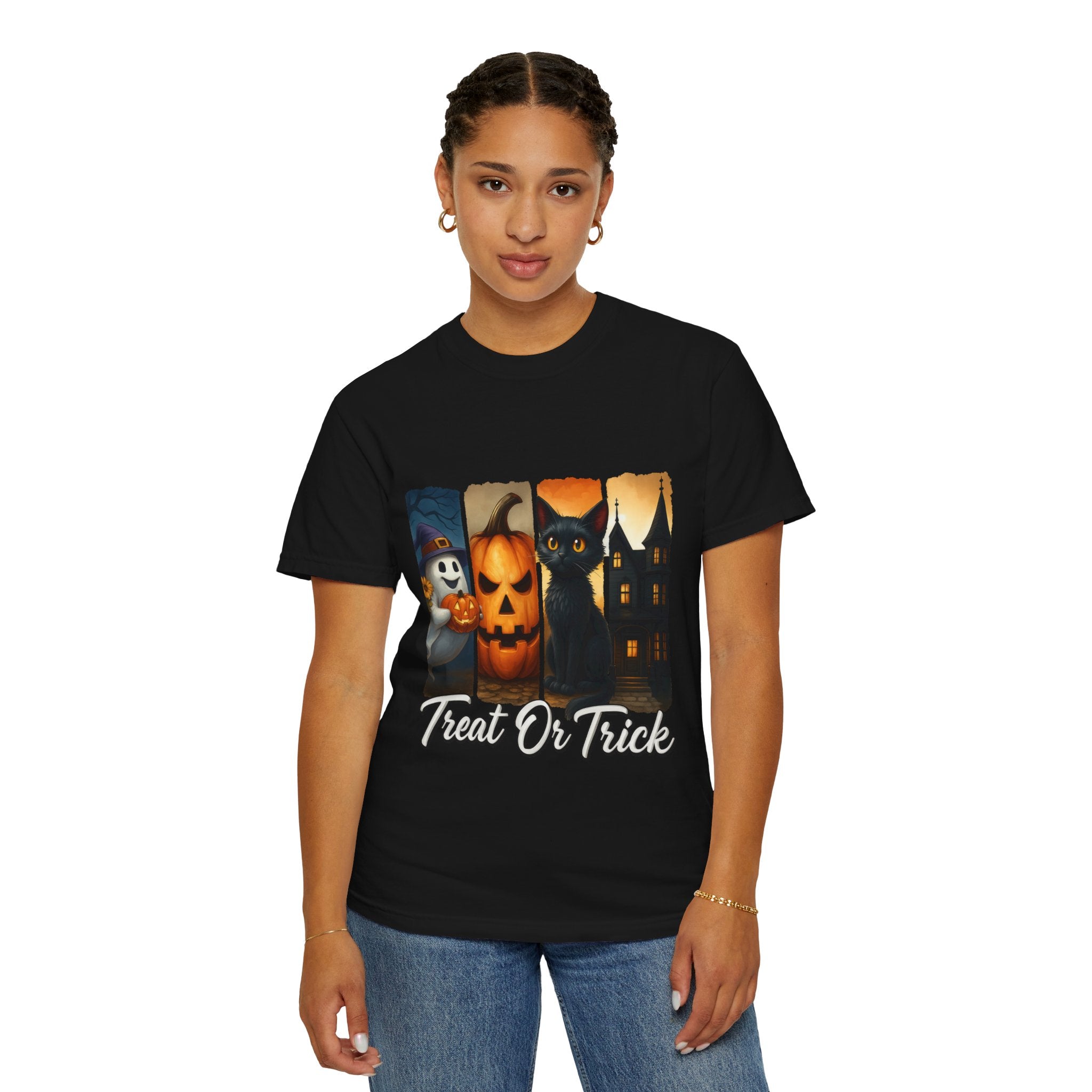 Treat Or Trick Halloween T-Shirt – Cute Ghost, Pumpkin, Black Cat & Haunted House Design