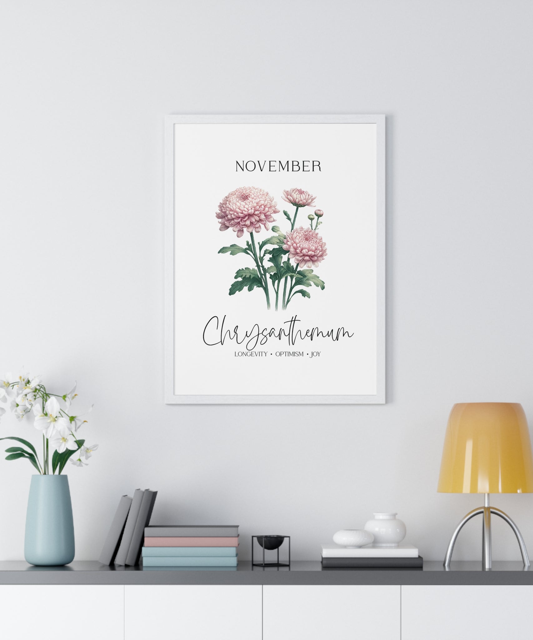 November Birth Month Flower Wall Art – Chrysanthemum Illustration in Wooden Frame | Longevity, Optimism & Joy