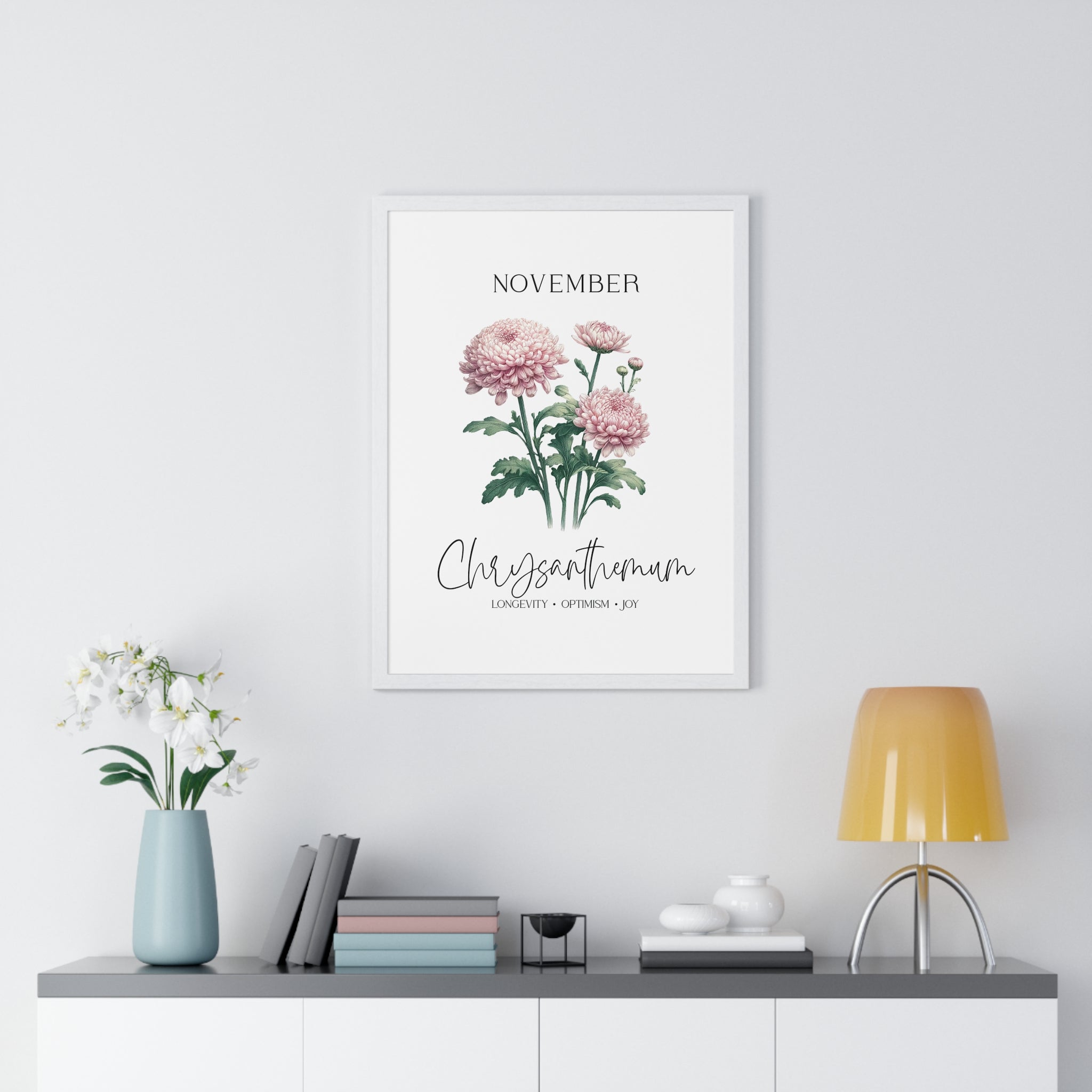 November Birth Month Flower Wall Art – Chrysanthemum Illustration in Wooden Frame | Longevity, Optimism & Joy