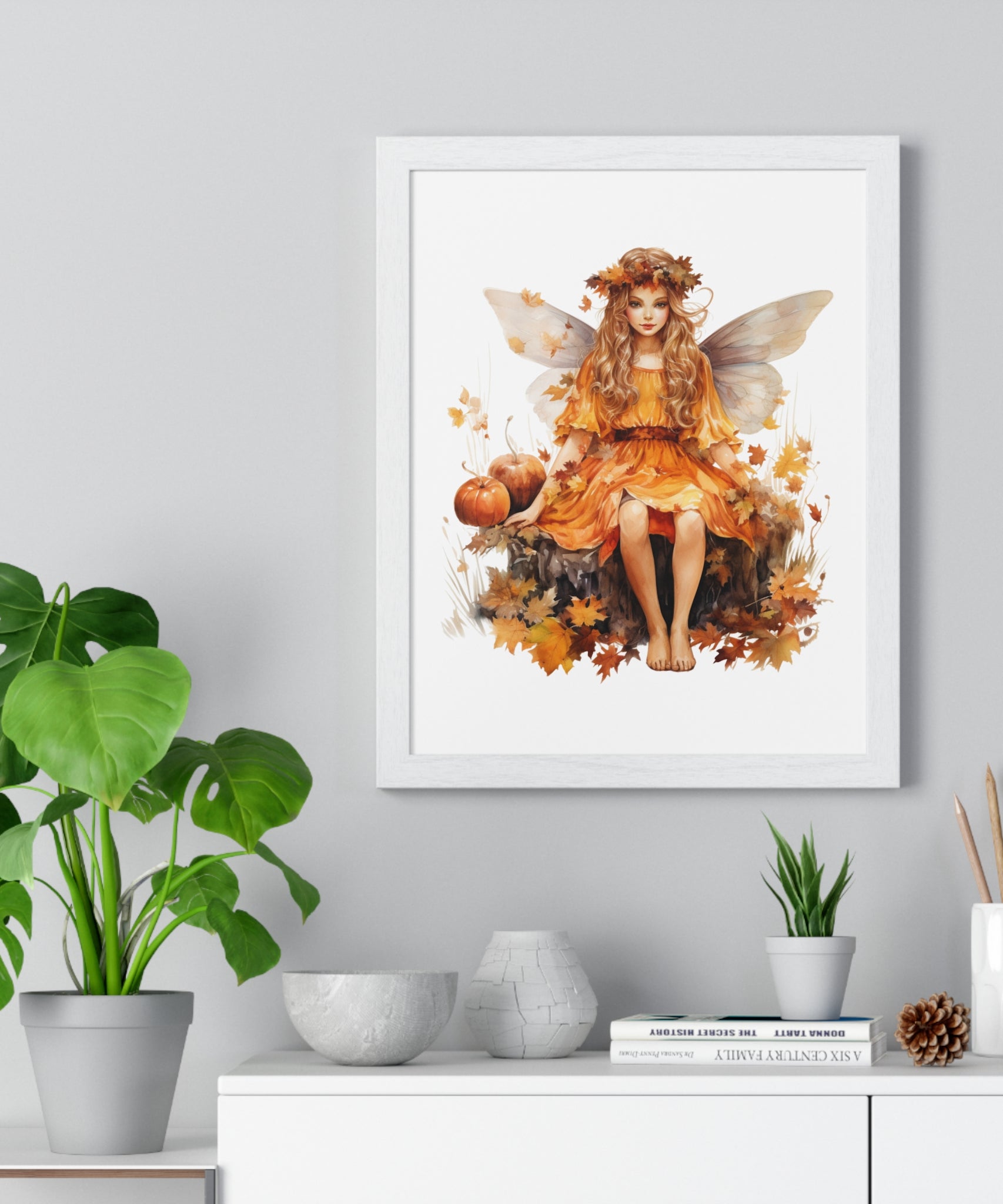 Fall Fairy Wall Art – Orange Dress Woodland Fairy with Pumpkins | Wooden Frame Poster for Autumn Home Decor