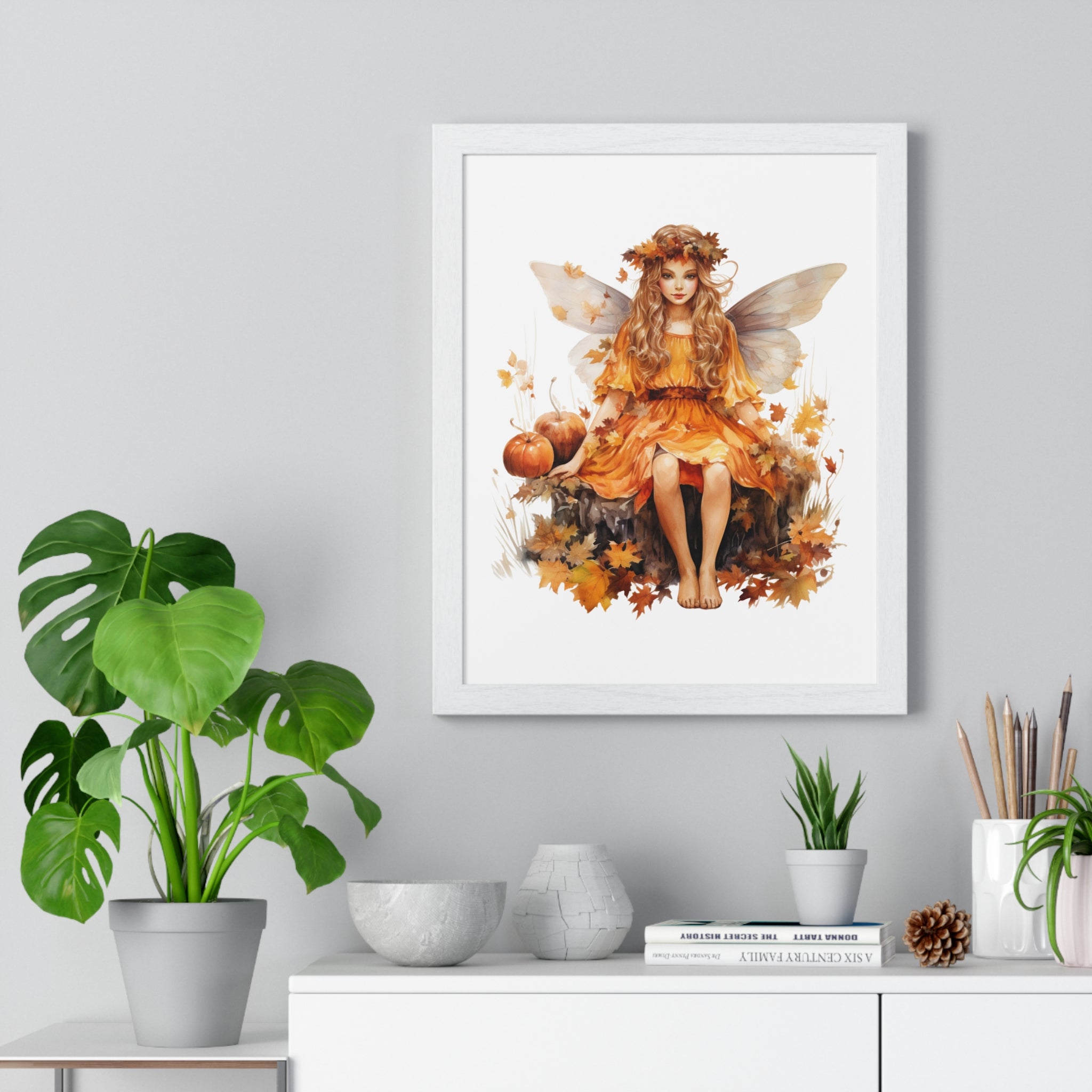 Fall Fairy Wall Art – Orange Dress Woodland Fairy with Pumpkins | Wooden Frame Poster for Autumn Home Decor