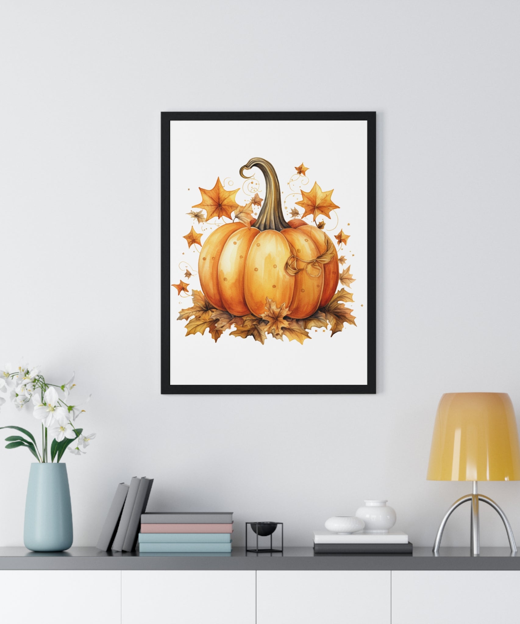 Decorative Autumn Pumpkin Wall Art – Bow-Tied Harvest Poster with Leaves & Swirls | Wooden Frame Fall Decor